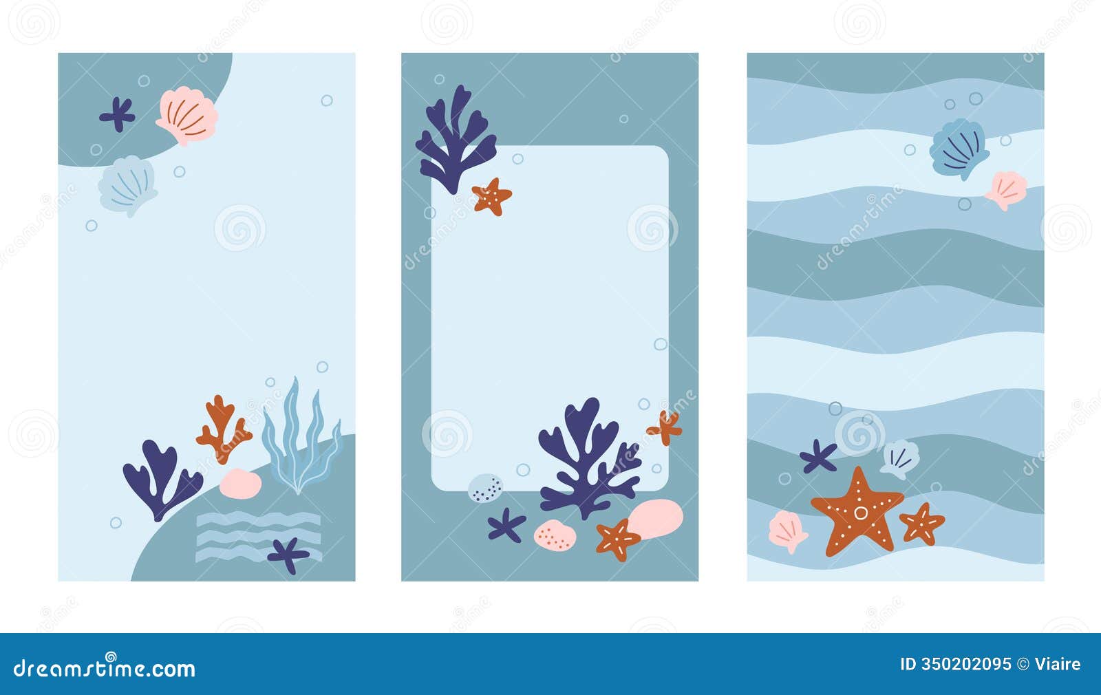 set of vertical frames with undersea flora and fauna, sea or ocean 