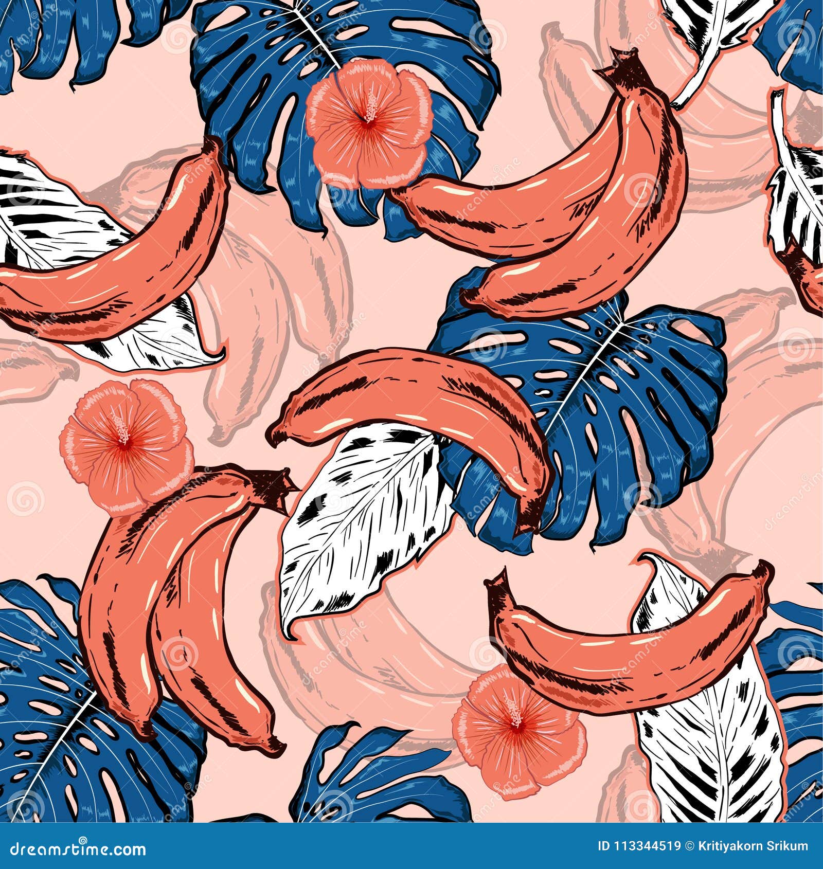 trendy sumemr beautiful hand drawn seamless pattern with tropical outline and palm leaves mix with banana hibiscus flowers colo