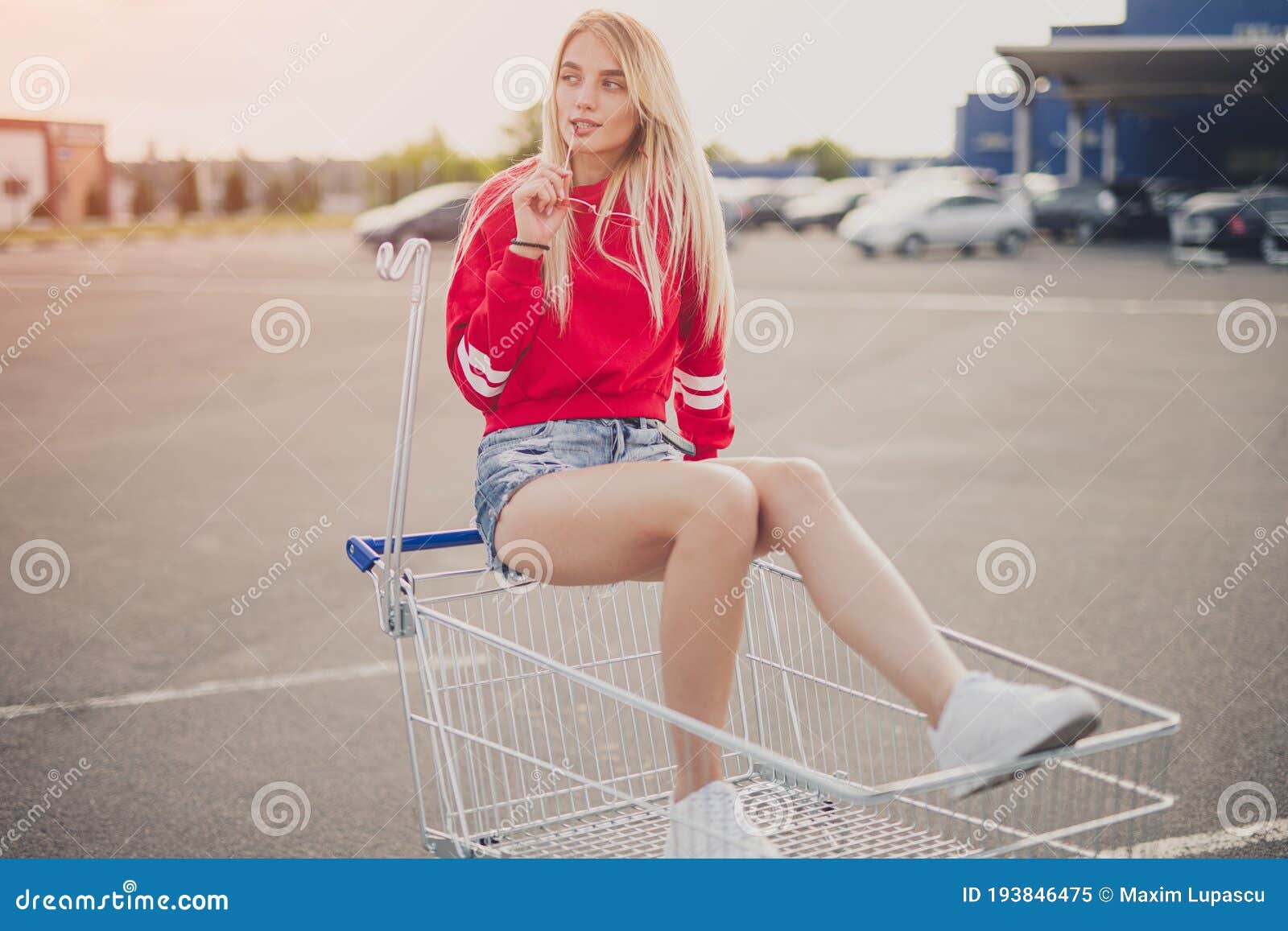 Stylish Woman Riding Shopping Cart Stock Image Image Of Outdoors Hipster 193846475 