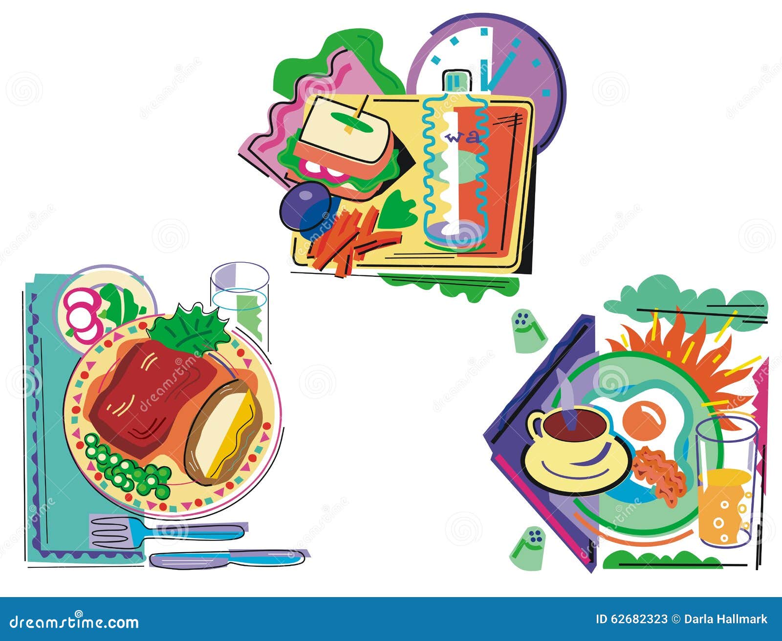 Tres comidas cuadradas ilustración del vector. Ilustración de almuerzo -  62682323