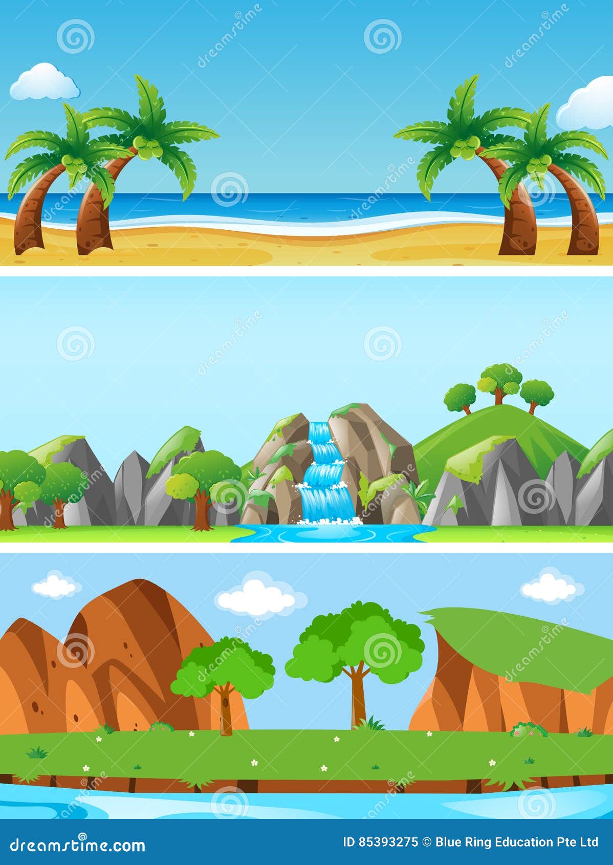 Tres Escenas De La Naturaleza Con Diversas Formas De Relieve Ilustración  del Vector - Ilustración de agua, parque: 85393275