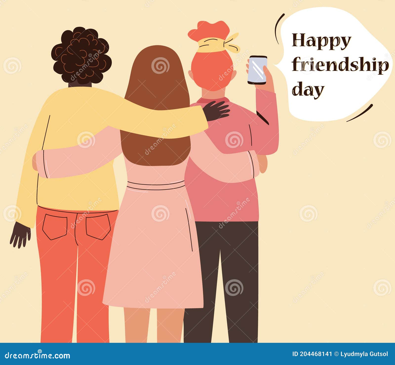 Tres Mejores Amigas Se Toman Selfie Por Teléfono Abrazo. Felices Novias  Celebran El Día De La Amistad. Dibujos Animados Mujeres Pe Ilustración del  Vector - Ilustración de abrazo, plano: 204468141