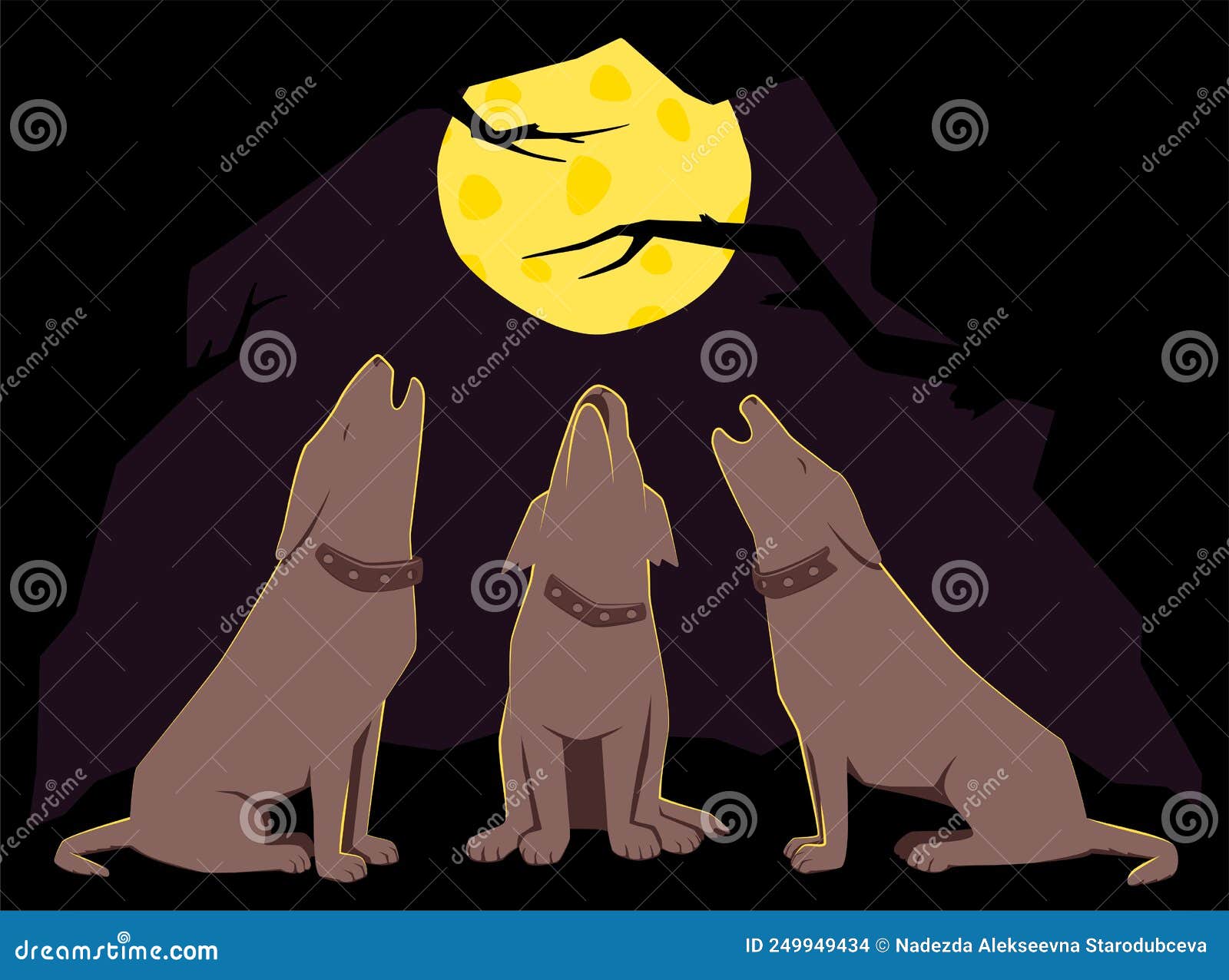 Tres Perros Aullando En La Luna Noche Oscura Luna Llena Ilustración del