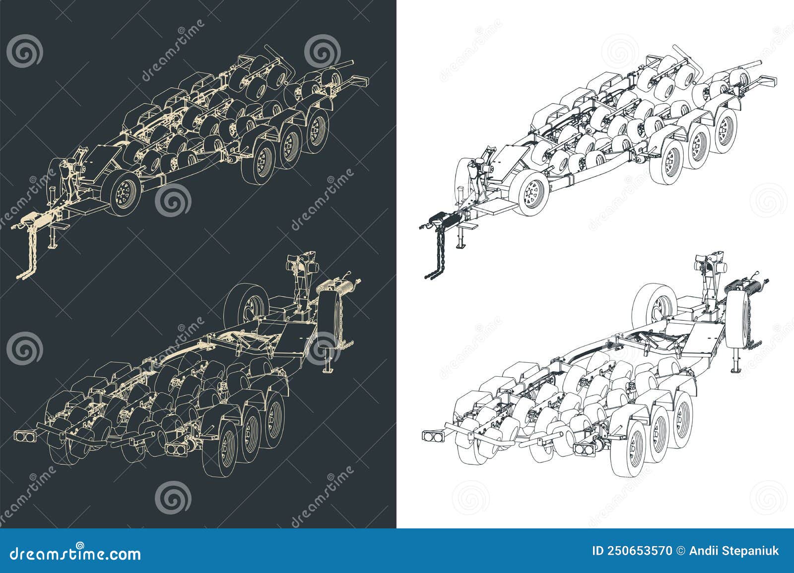 Tri Axle Boat Trailer Isometric Blueprints Vector Illustration