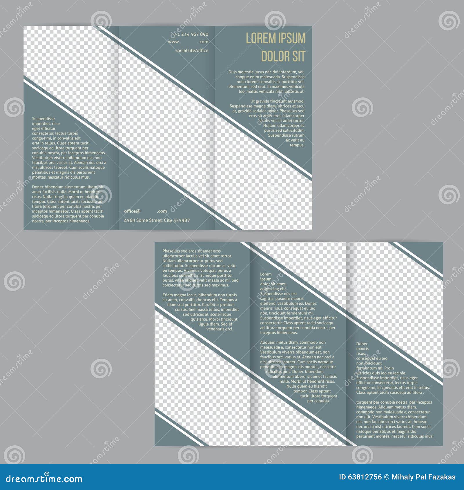 tri fold flyer brochure template with slate blue stripes stock