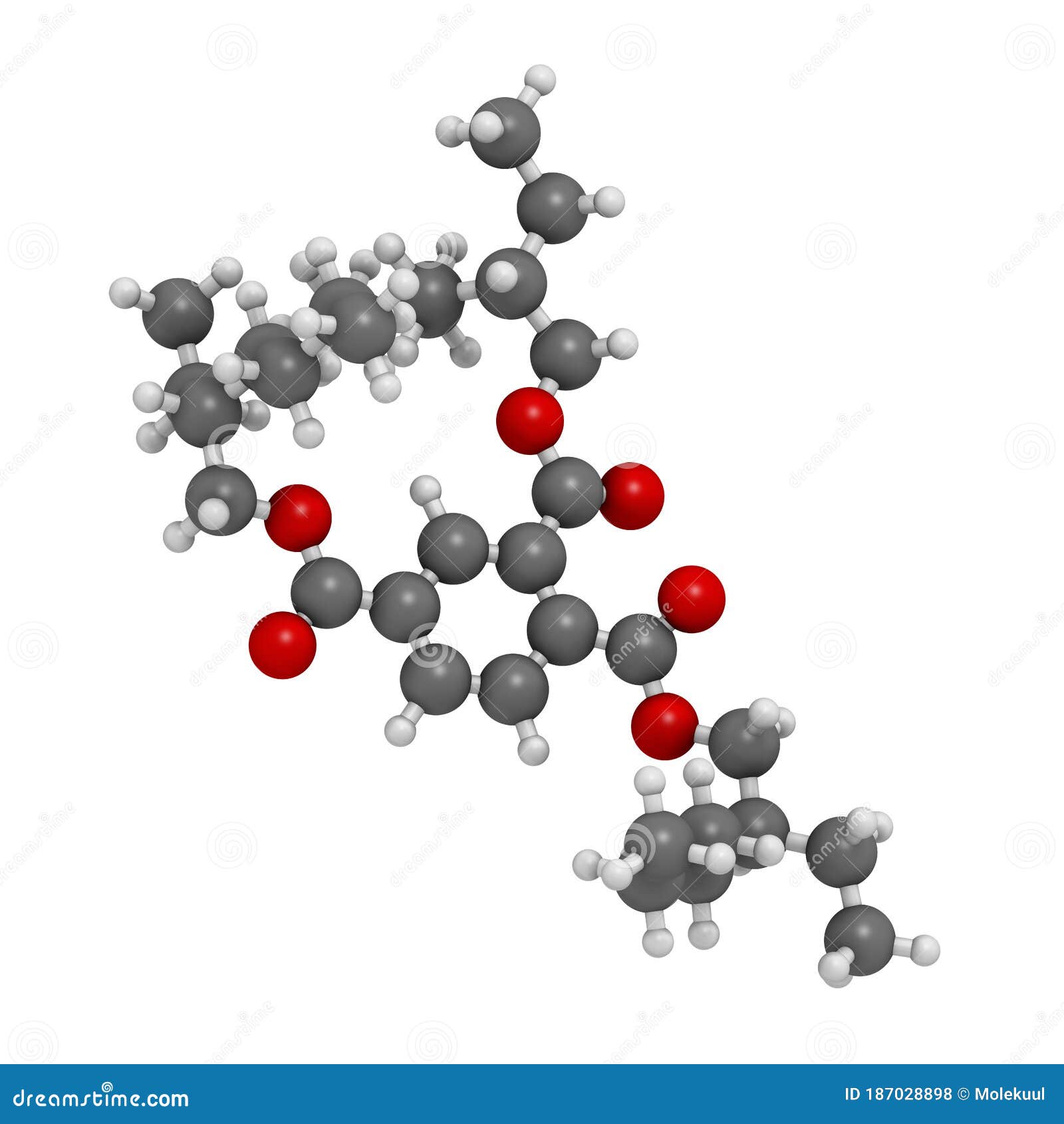 tri-octyl-trimellitate (totm, tris (2-ethylhexyl) trimellitate) plasticizer molecule. 3d rendering.  alternative to phthalate