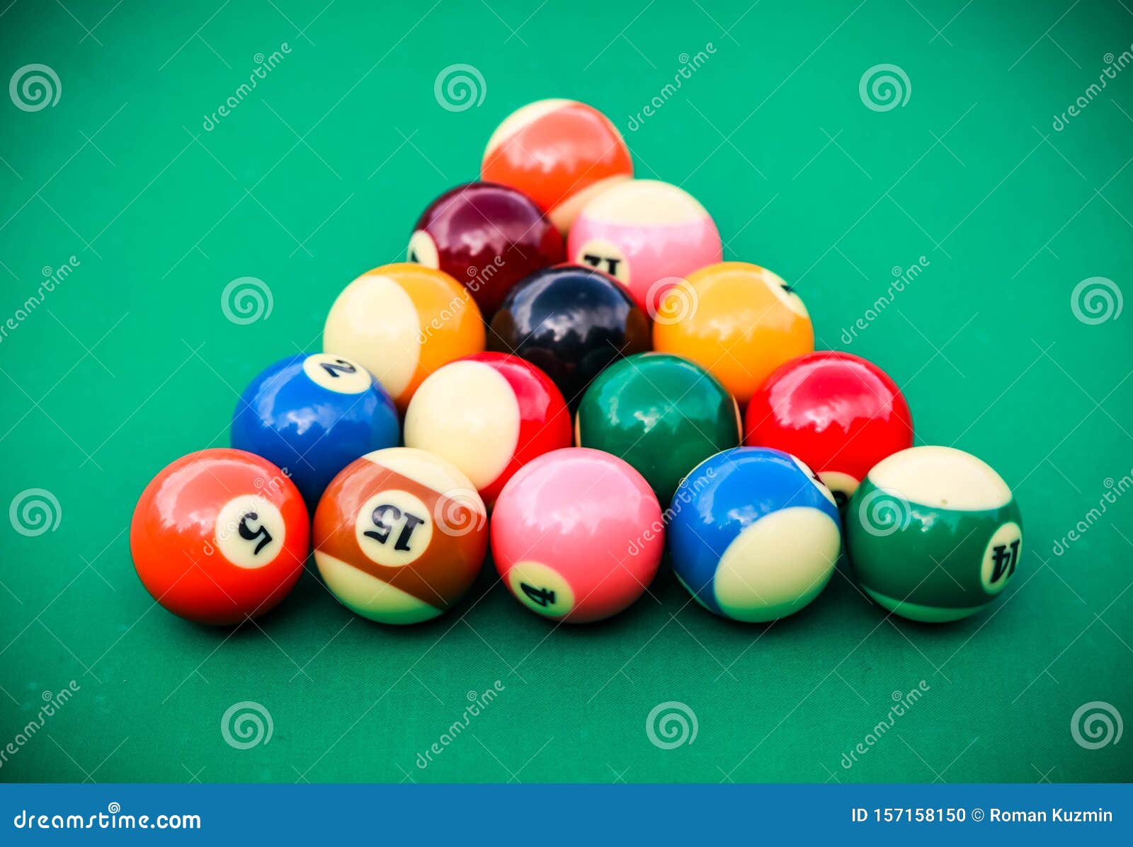 Triangle of Colored Pool Billiard Balls on Green Cloth Stock Photo Image of action, copy