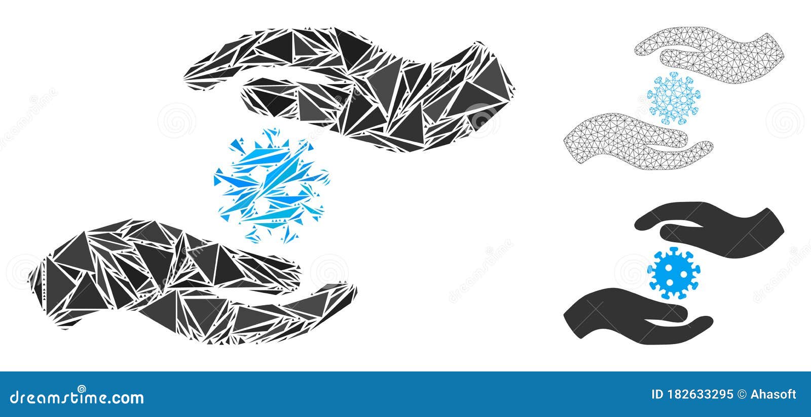 triangle mosaic coronavirus care hands icon and  mesh carcass model