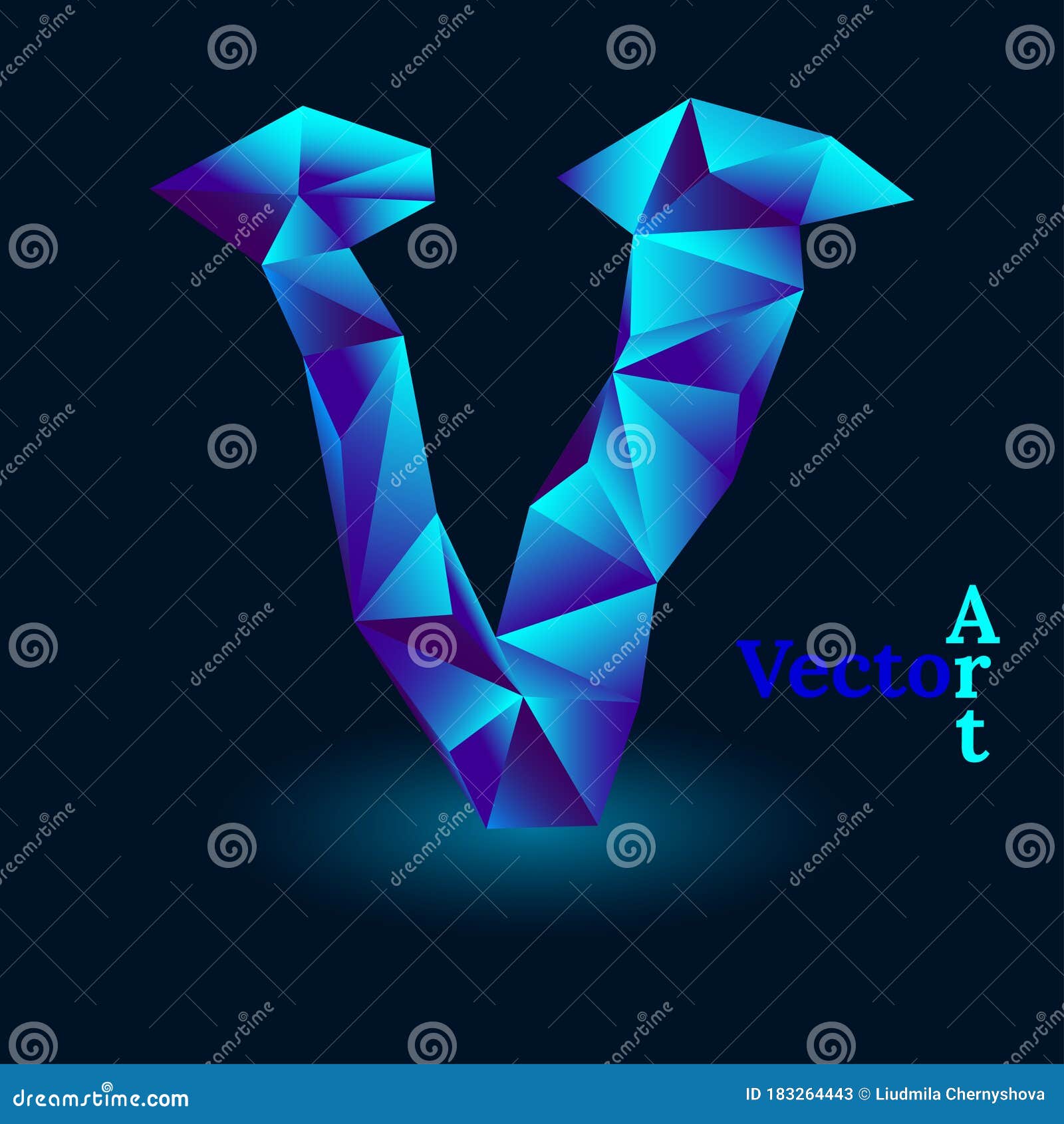 Triangles Mosaic Pattern Letter V Bright Neon Blue Gradient On Dark Background Vector Illustration In Art Abstraction Style Stock Vector Illustration Of Dark Card