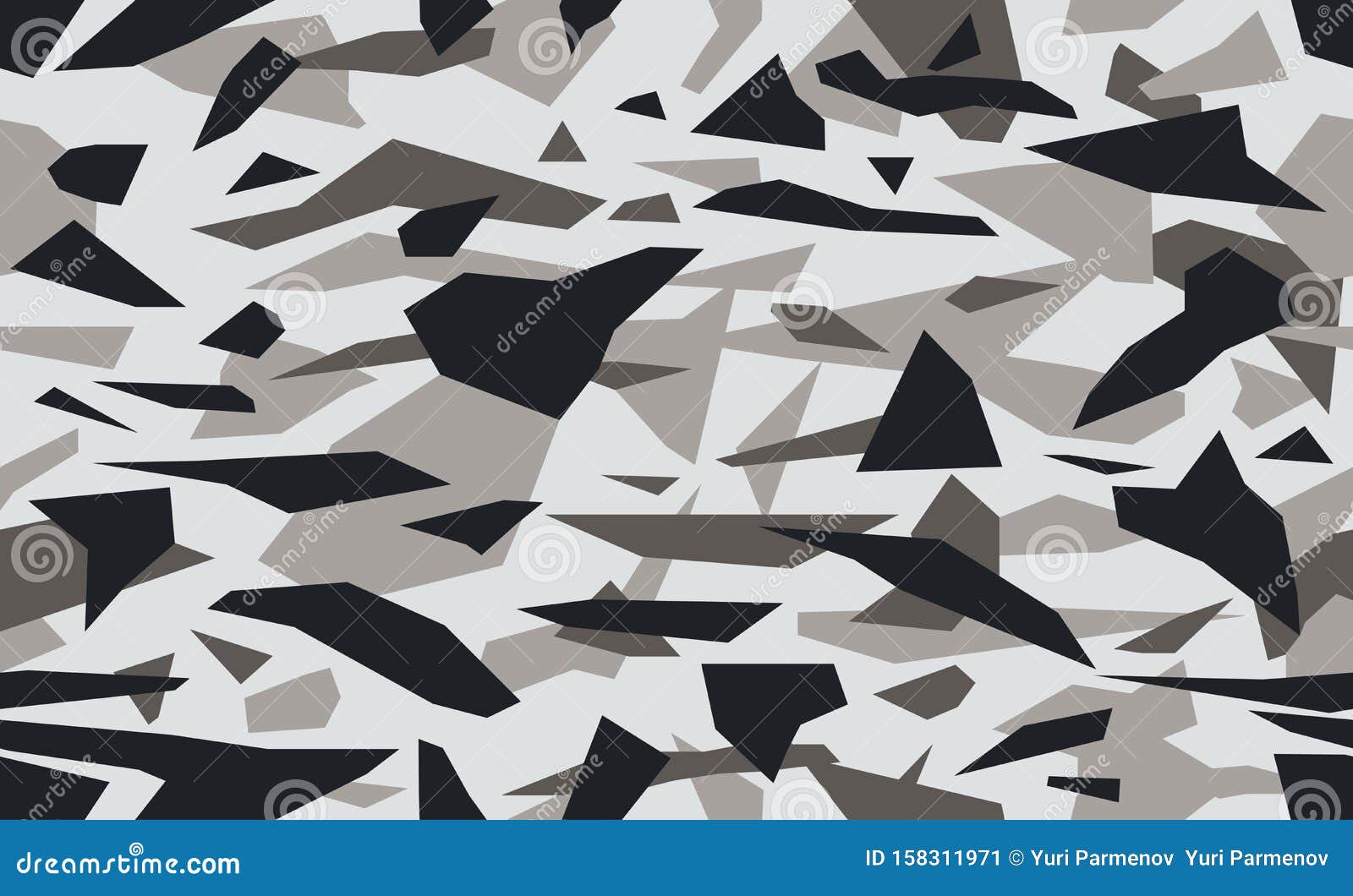 triangular camouflage pattern background, seamless  . masking geometric camo, repeat print. grey black and white