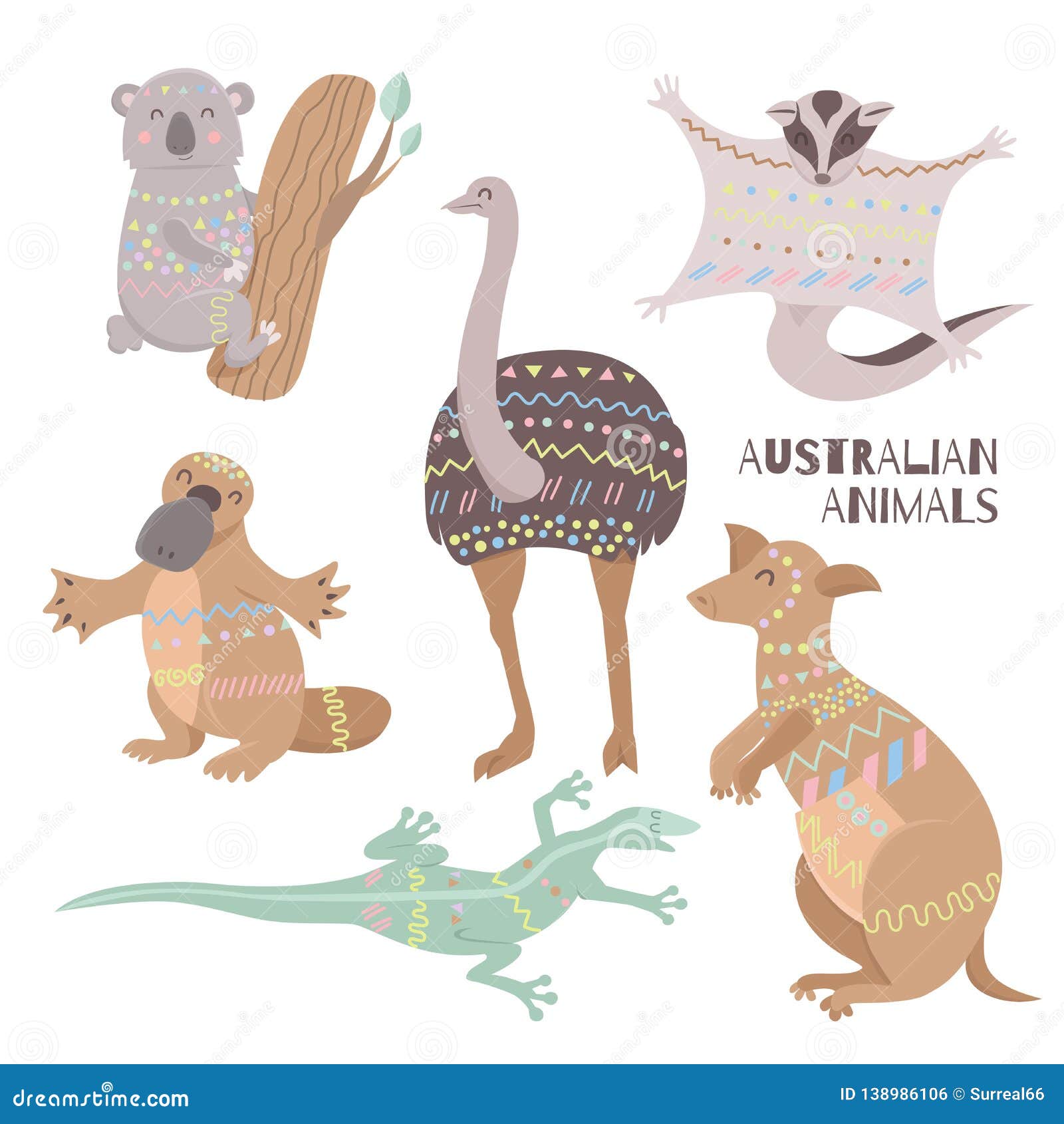 Stylized Australian Animals Isolated on White Background Stock Vector - Illustration of decorated, creature: 138986106 Stylized Australian Animals Isolated on White Background Stock Vector - Illustration of decorated, creature: 138986106