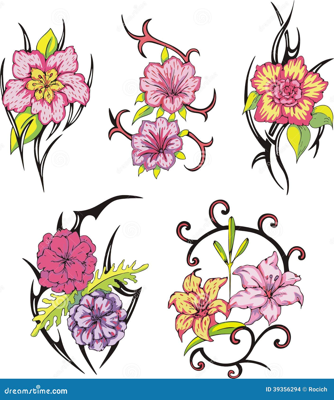 Tribal flower tattoos stock vector. Illustration of motley - 39356294