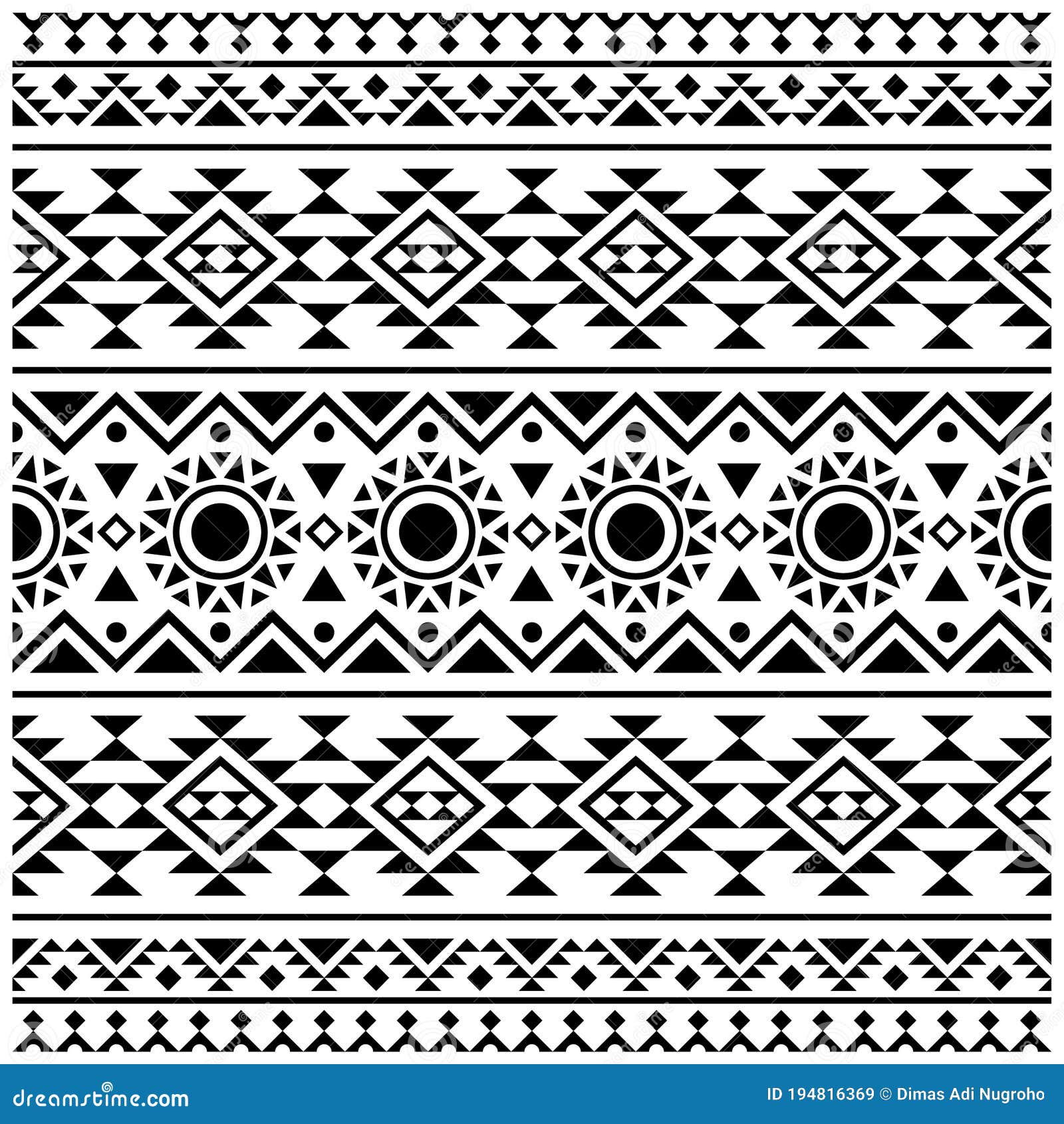 Tribal Seamless Pattern Texture Background Design Vector in Black White ...