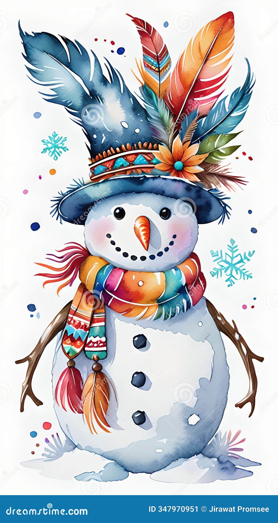 tribal snowman watercolor clip art: boho accessories & feather trim on flat white background
