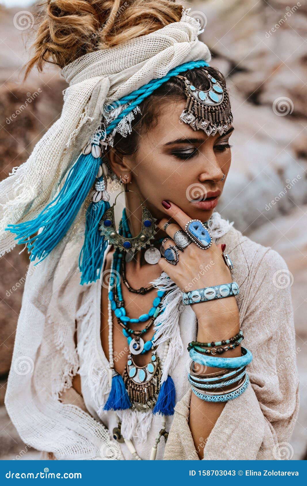 Young Tribal Woman with Lot of Boho Accessories Portrait Stock Image - Image of female, fashion: 158703043