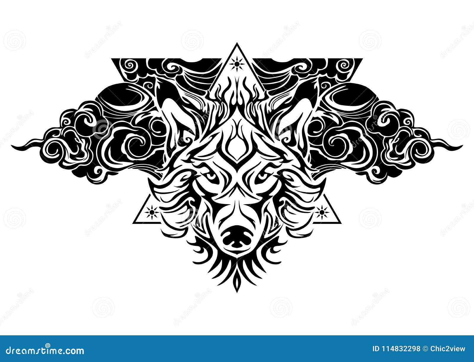 Tribal Wolf Head Tattoo Decorate with Oriental Cloud and Geometric Triangle  Design for Tattoo Stock Illustration - Illustration of geometric, mammal:  114832298