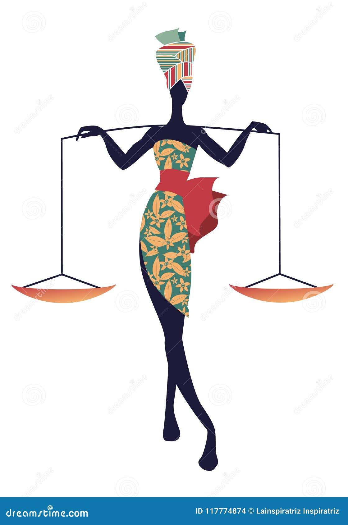 tribal zodiac. libra. elegant woman in floral dress and turban, carrying a scale on her shoulders