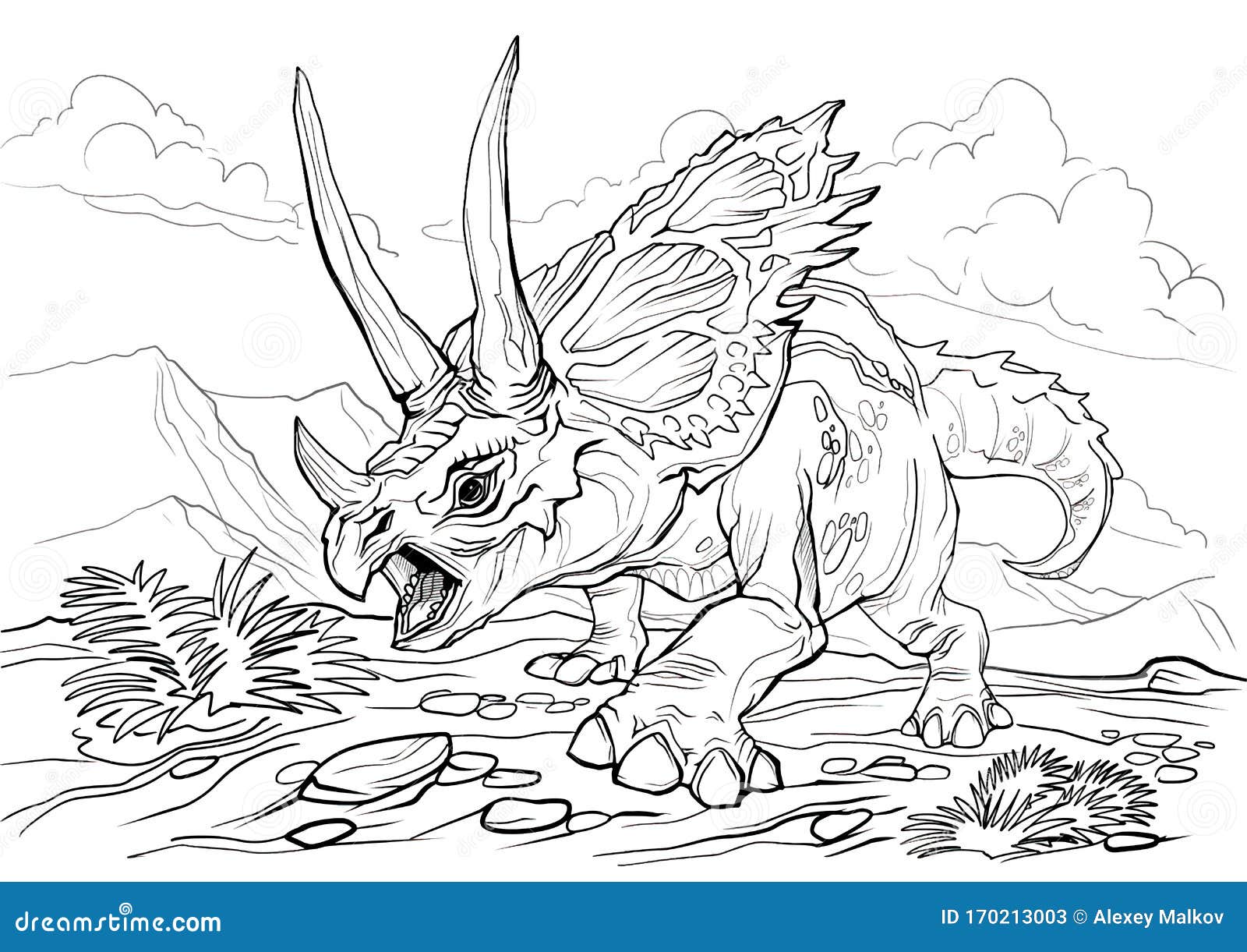 Triceratops. Dinosaur Coloring Page for Children and Adults, Hand Drawn