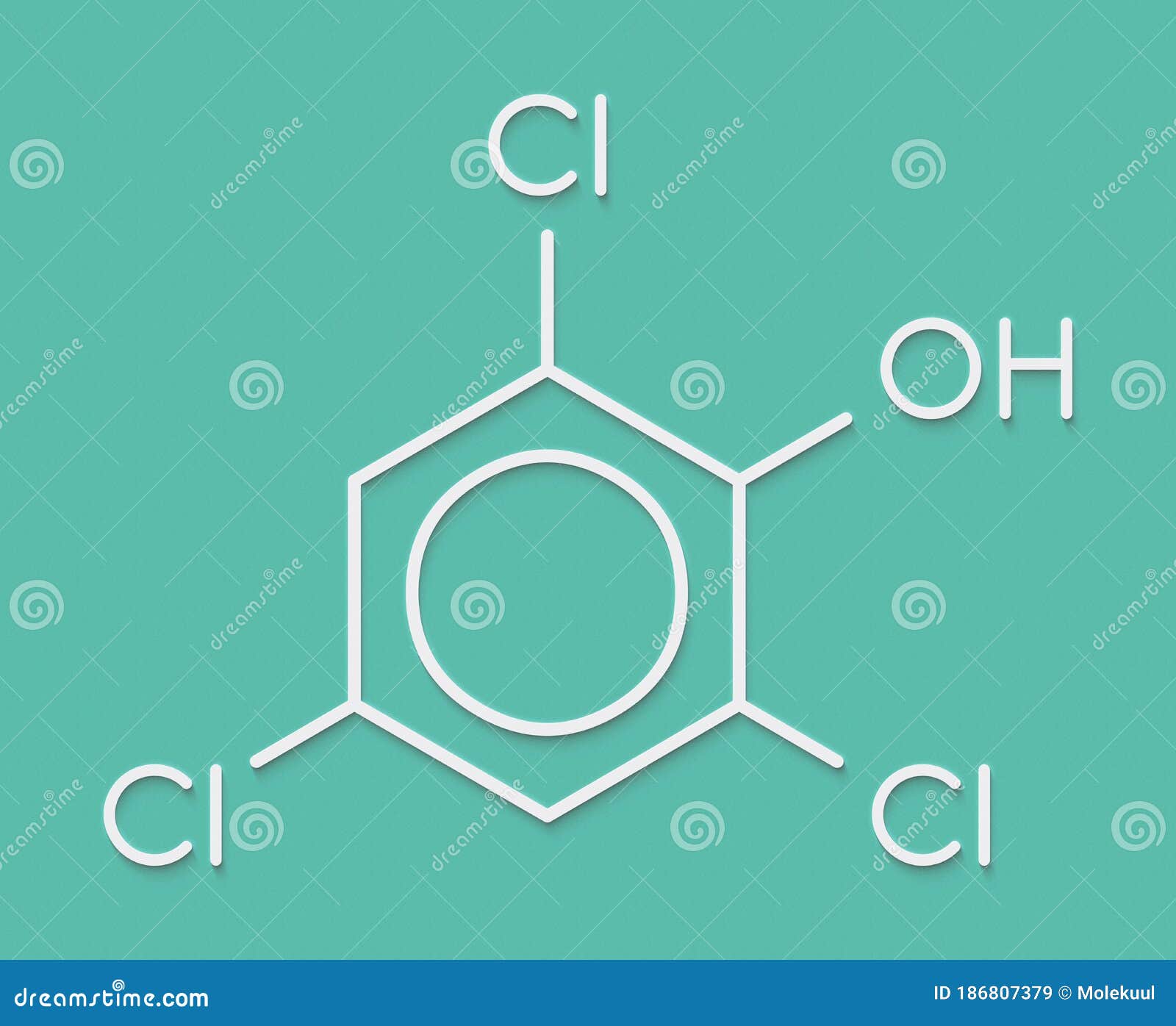 trichlorophenol tcp, 2,4,6-trichlorophenol molecule. skeletal formula.