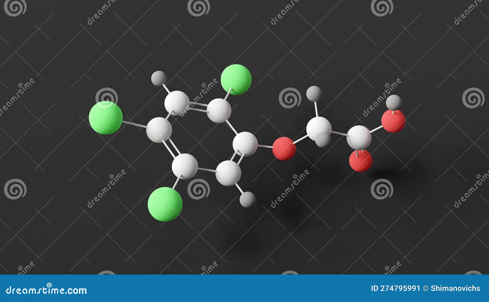2,4,5-trichlorophenoxyacetic acid molecule, molecular structure, 2,4,5-t, ball and stick 3d model, structural chemical formula