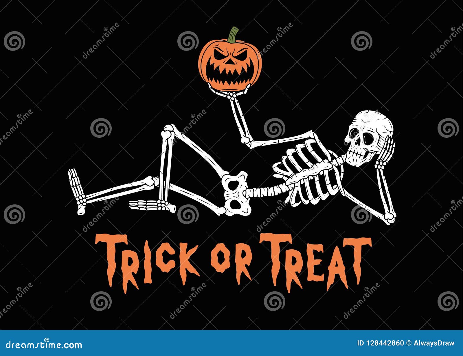 trick or threat resting skeleton with pumpkin jack-o-lantern 2