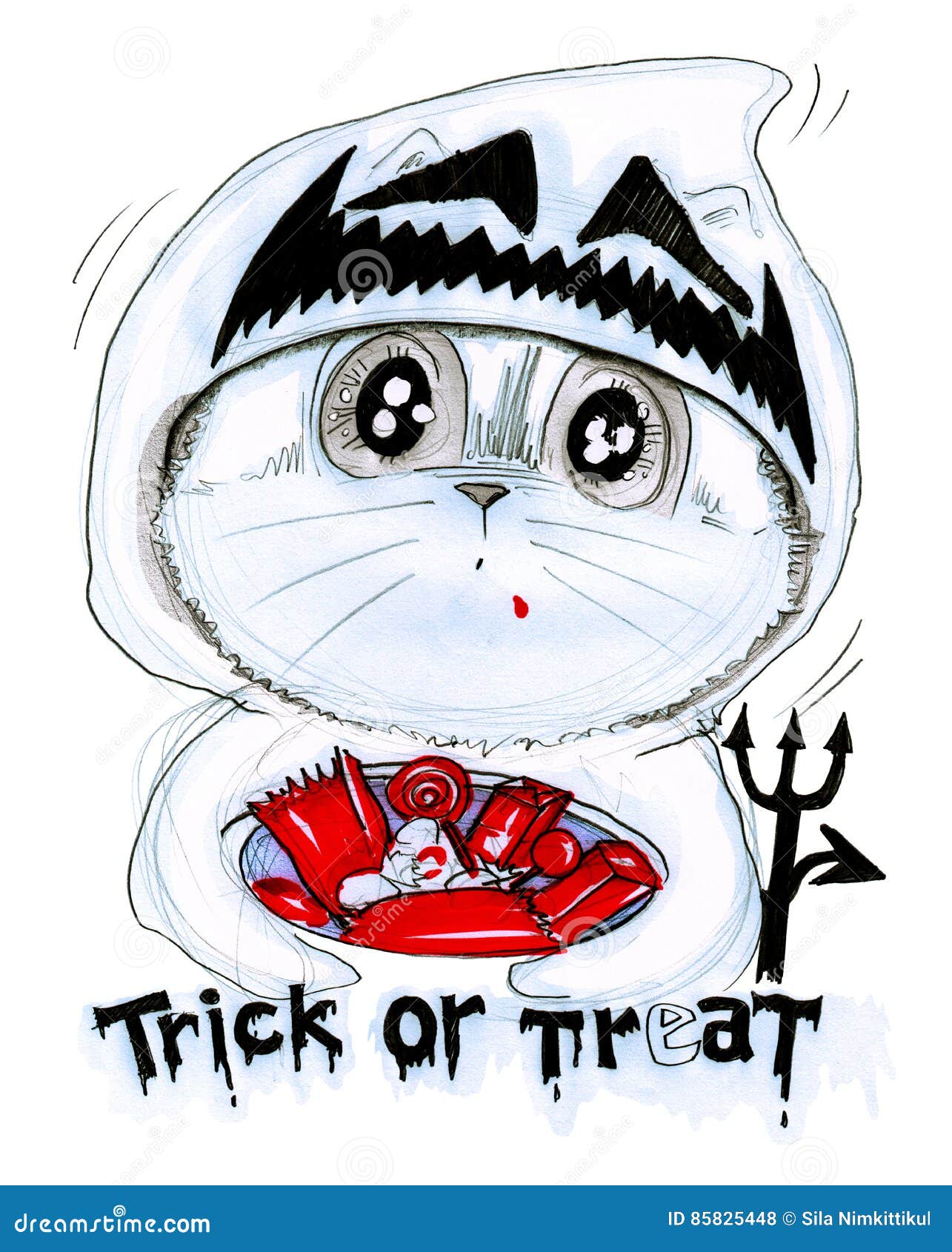 Trick or Treat Halloween Cartoon Cat Pencil Sketch Stock Illustration -  Illustration of animal, fantasy: 85825448