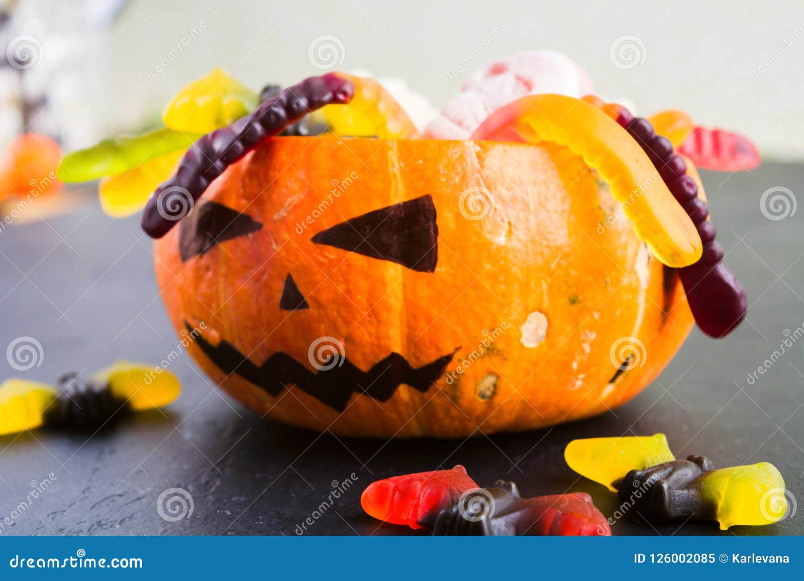 Trick or Treat Halloween Concept with Pumpkin Jack with Various Candies ...