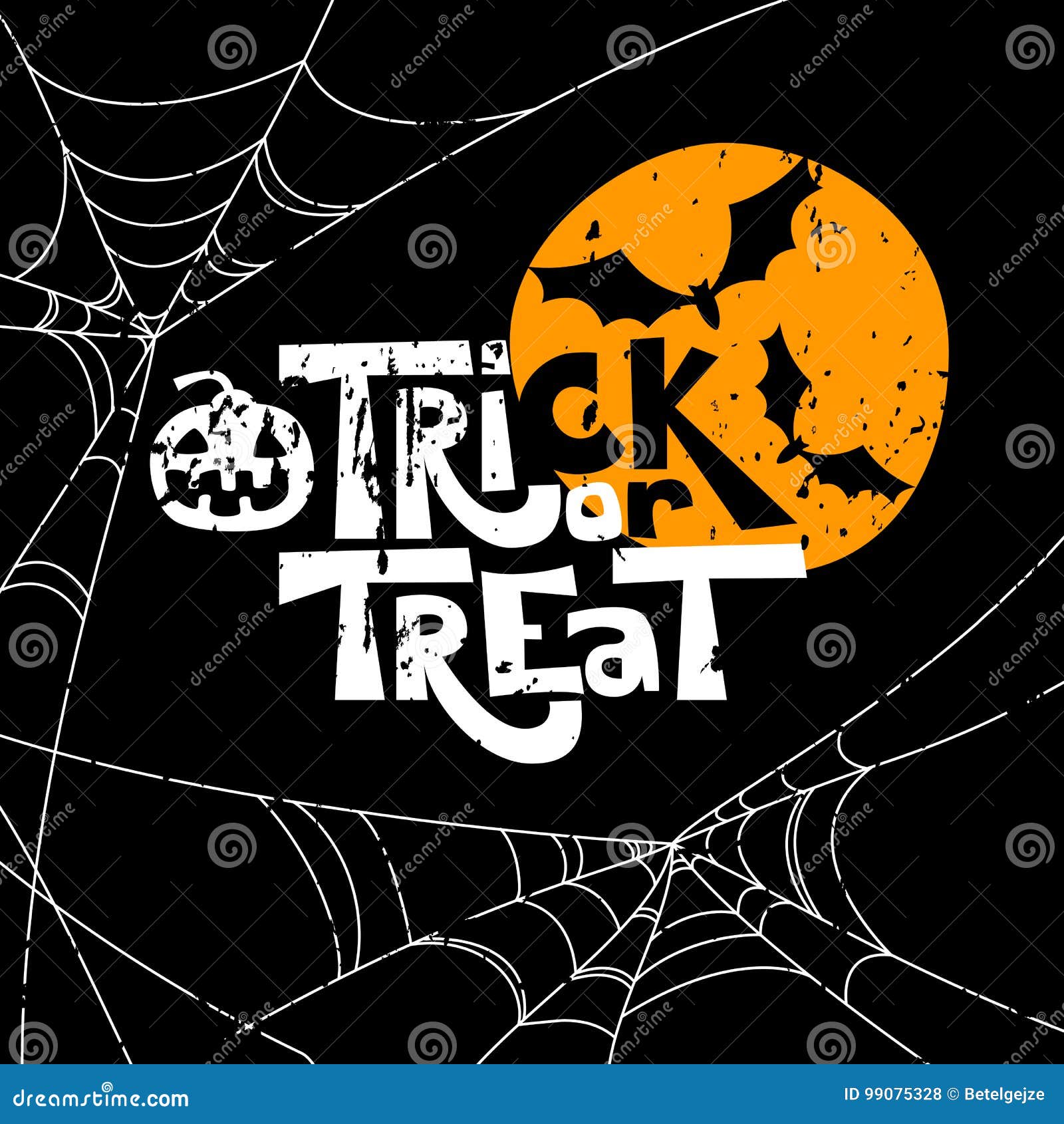 trick or treat quote and halloween  s.  holiday . hand drawn letters, moon, bat, pumpkin.