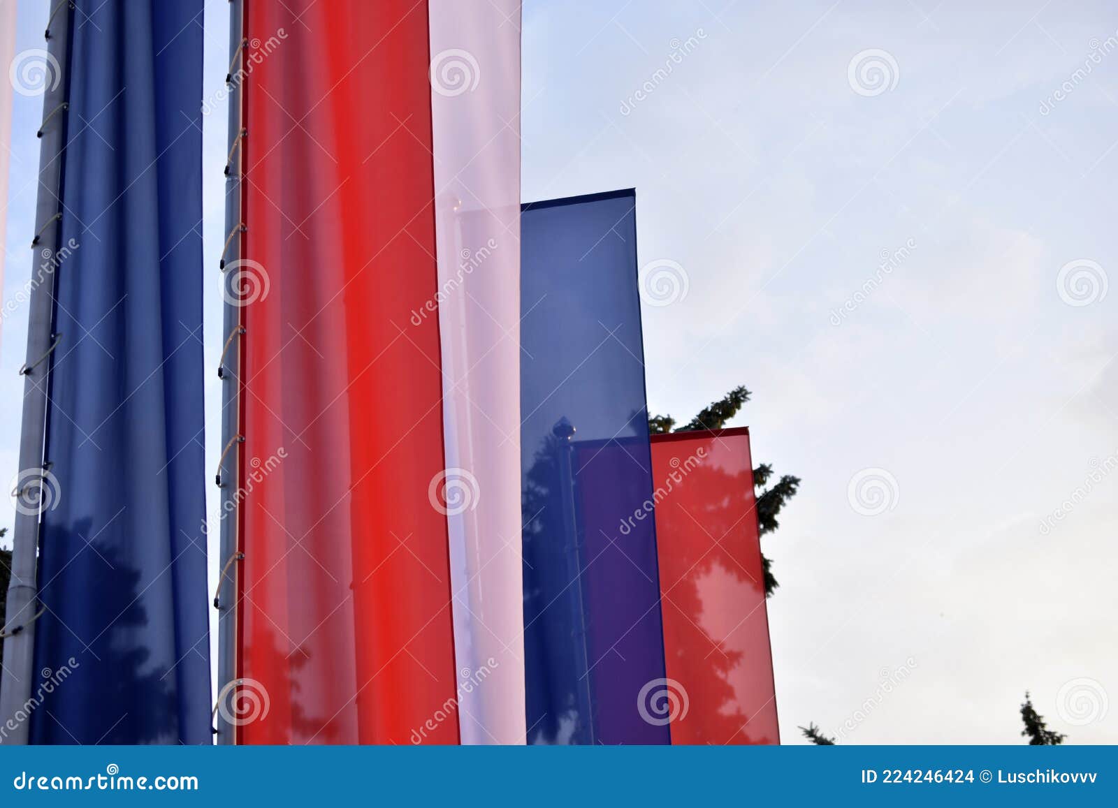 Tricolor Flags on the Square are Red White and Blue Stock Photo Image