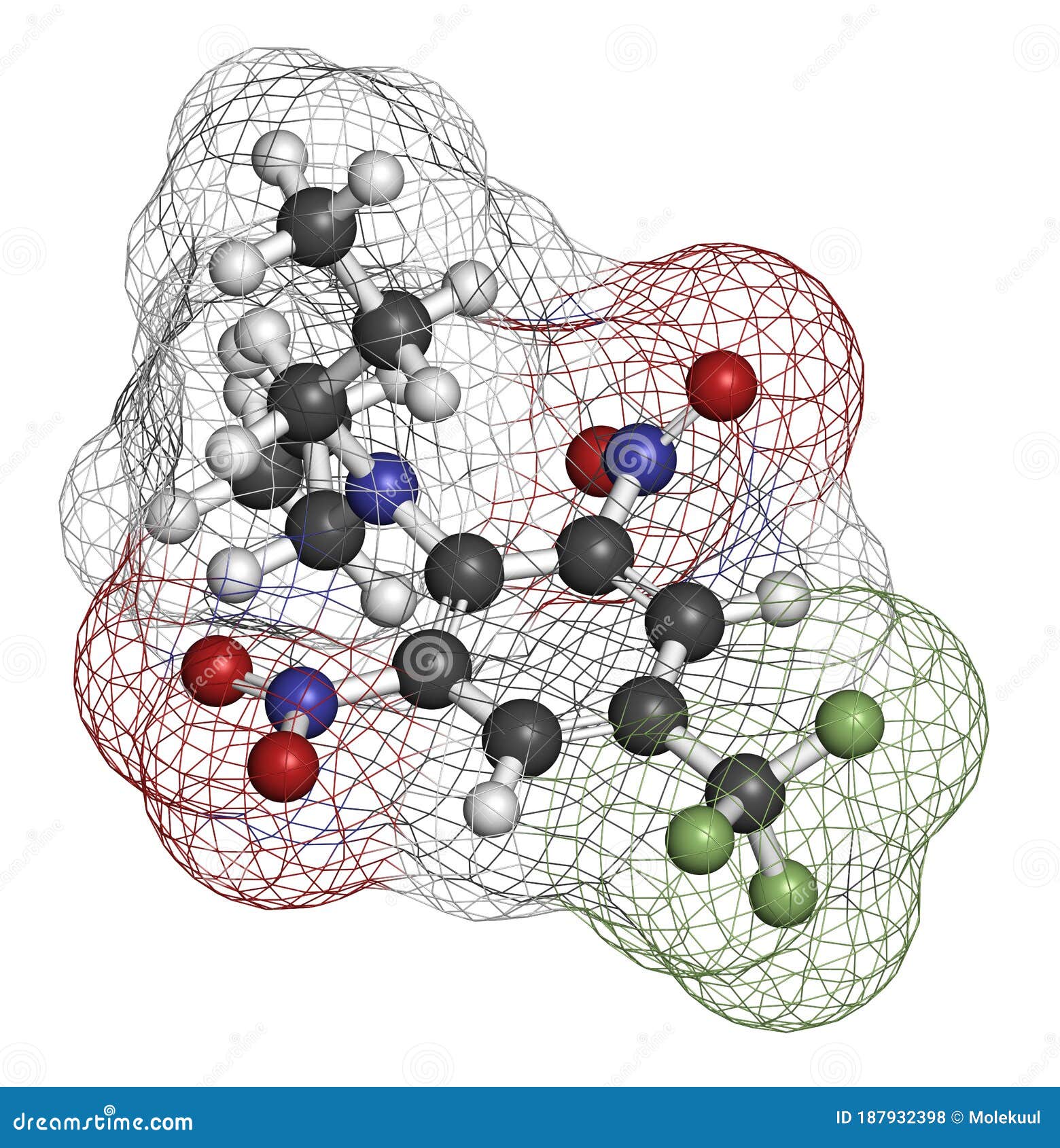 trifluralin herbicide molecule. 3d rendering. atoms are represented as spheres with conventional color coding: hydrogen white,.