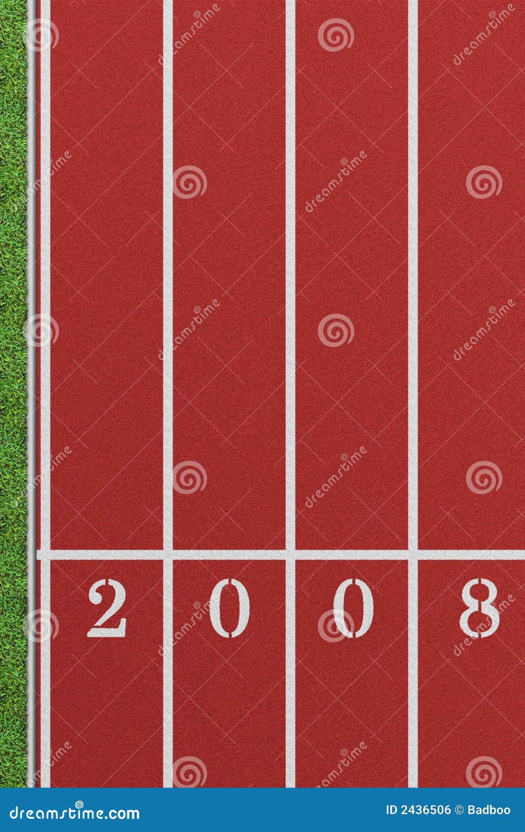 Trilha Running 2008. Trilha Running da perspectiva de um pássaro que mostra 4 pistas com o ano 2008 e uma correcção de programa do gramado à esquerda
