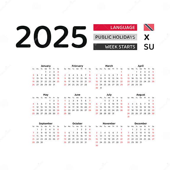 Trinidad and Tobago Calendar 2025. Week Starts from Sunday Stock Vector