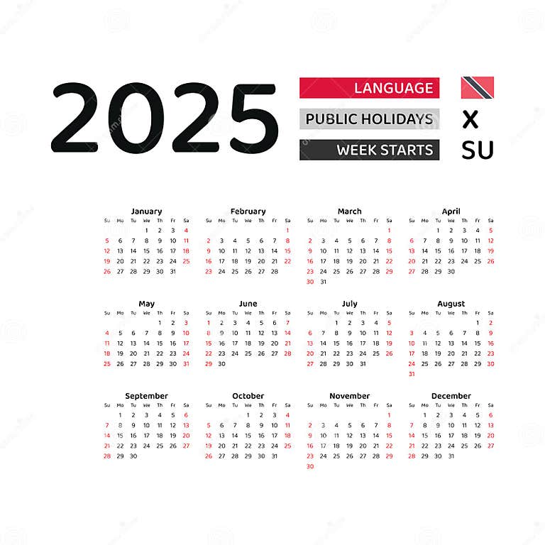 Trinidad and Tobago Calendar 2025. Week Starts from Sunday Stock Vector