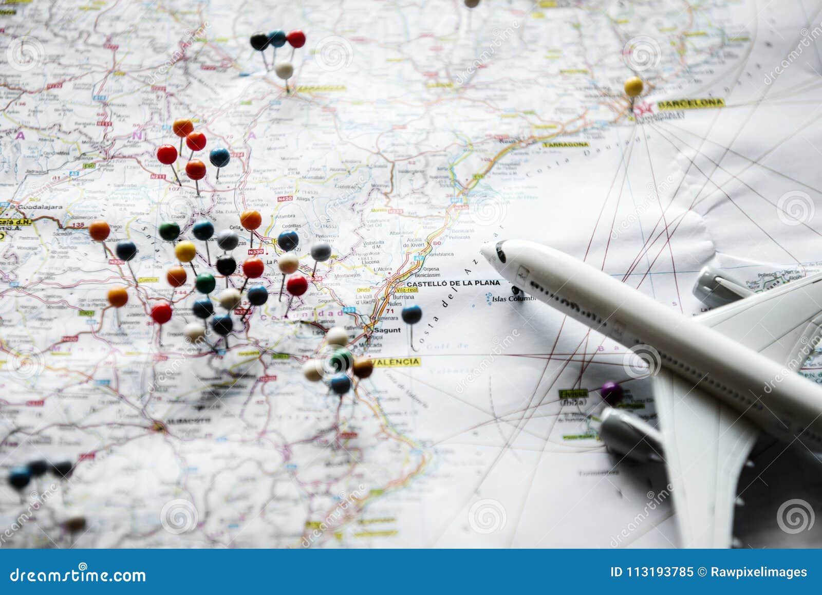 Trip Planning with Map and Pins Stock Image Image of together