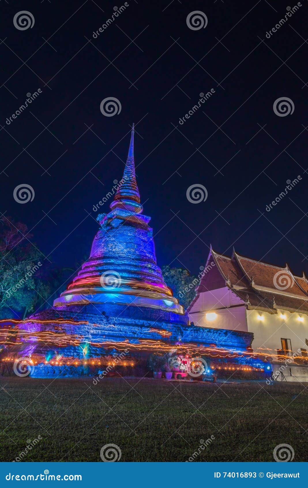 triple circumambulation around old pagoda of trapangtong temple in sukothai thailand