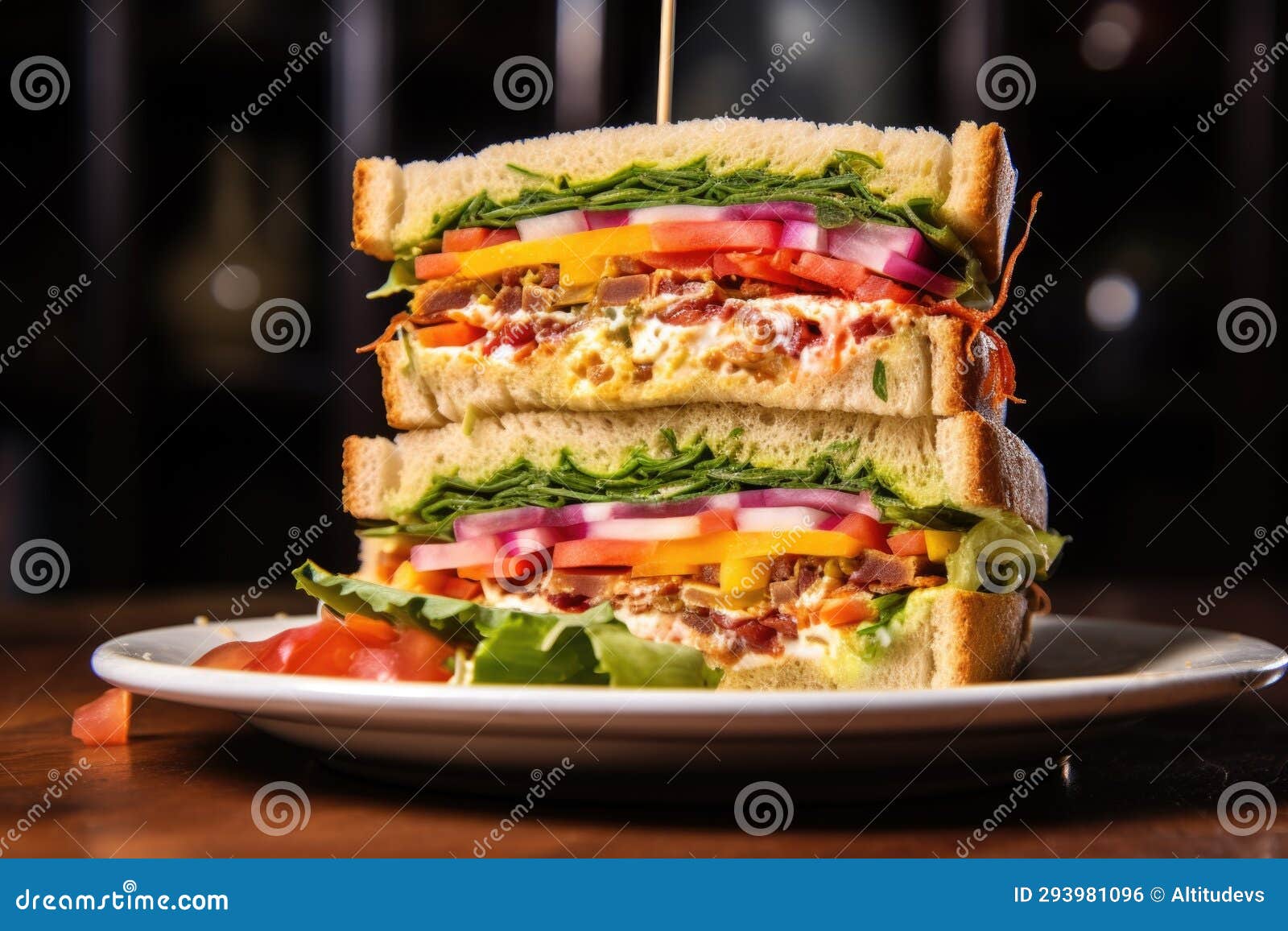 triple decker sandwich with various colorful fillings exposed