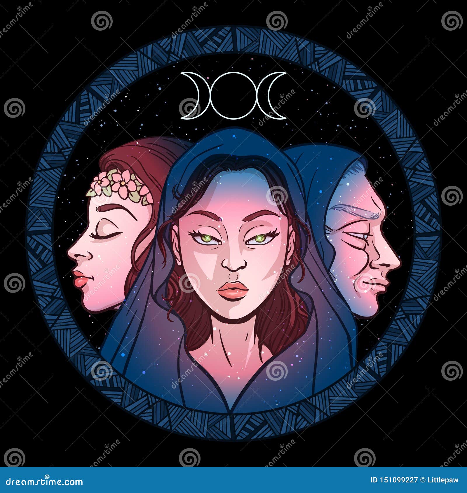 Triple Goddess As Maiden Mother And Crone Beautiful Woman Symbol Of Moon Phases Hekate Mythology Wicca Witchcraft Vector Stock Vector Illustration Of Postcard Hekate