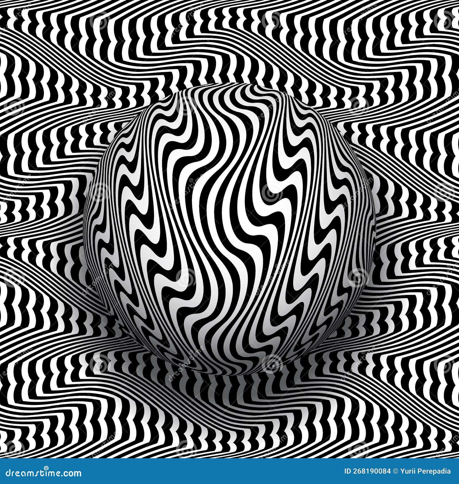 Trippy Sphere on Wavy Patterned Surface. Vector Black White Optical Art Illustration Stock