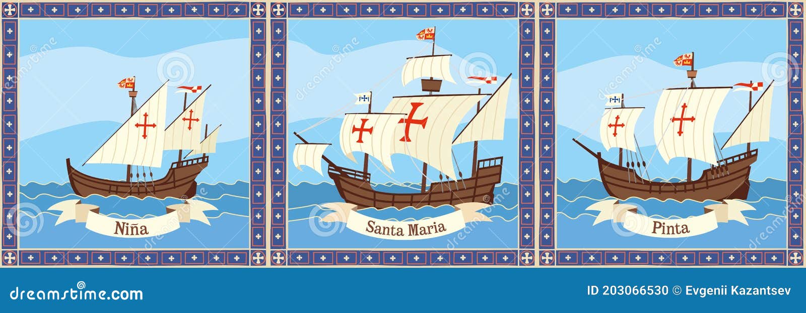 Triptych Ships of Columbus. Santa Maria, Pinta and Ninha Float on the Ocean  Stock Vector - Illustration of stained, medieval: 203066530