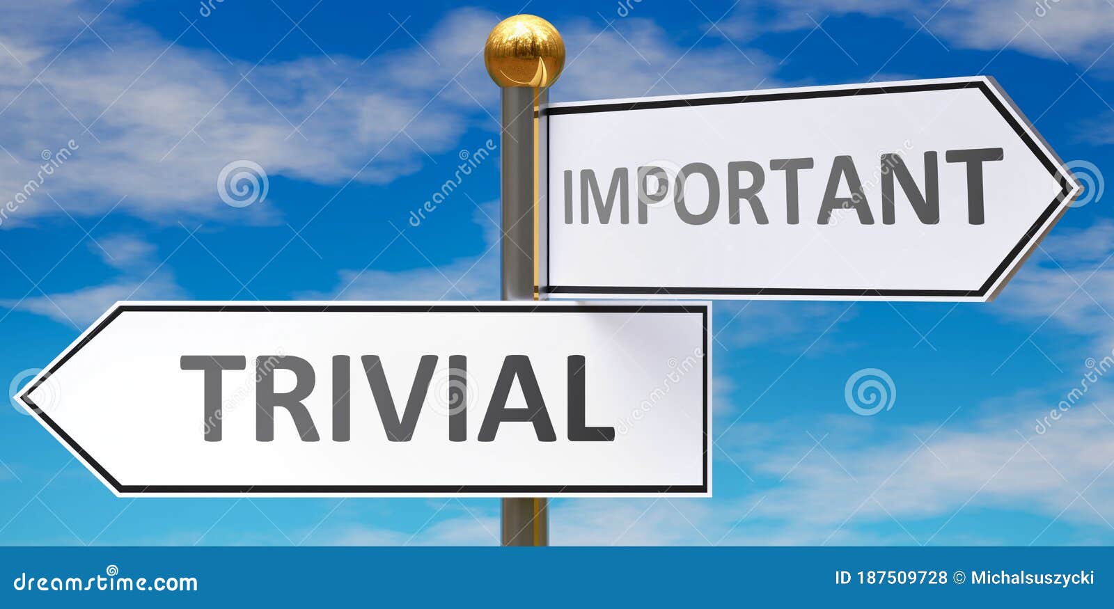 trivial and important as different choices in life - pictured as words trivial, important on road signs pointing at opposite ways