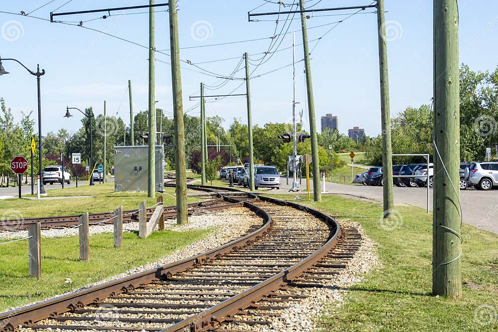 Trolley Train Track in Park with Tracks Intersecting Stock Image