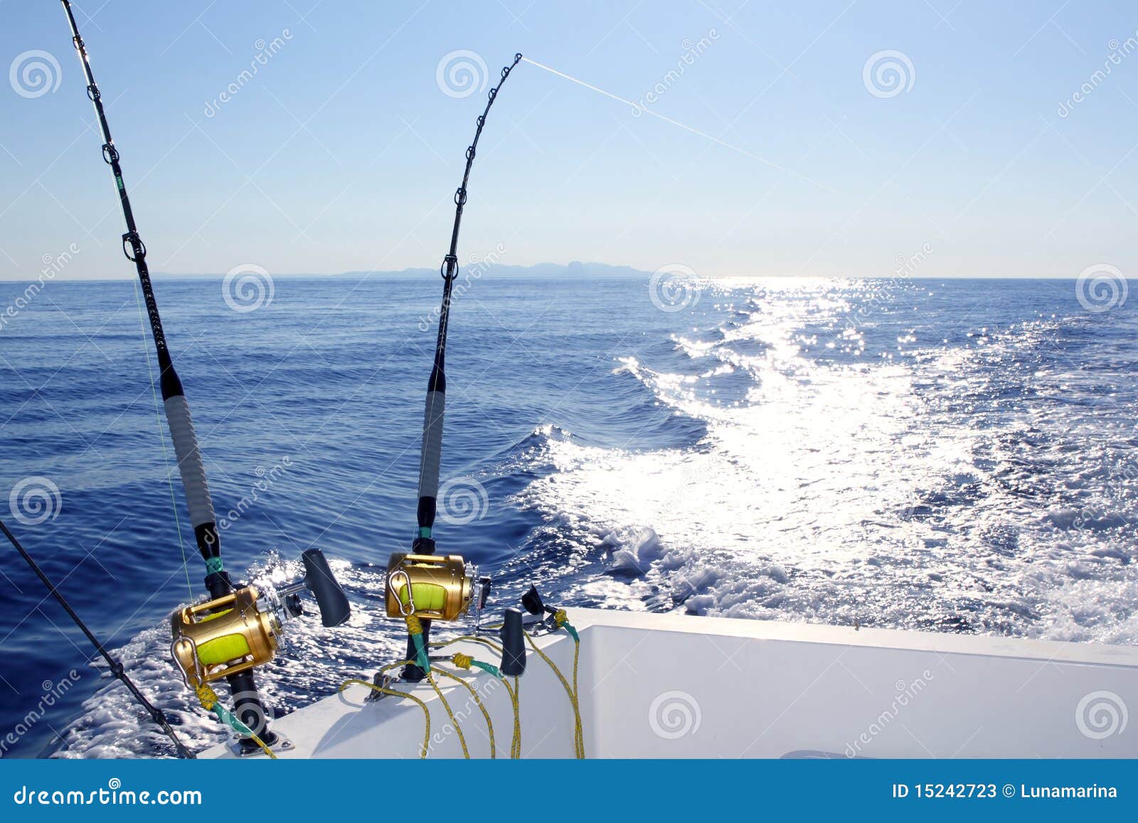 Trolling Offshore Fisherboat Rod Reels Wake Sea Stock Image