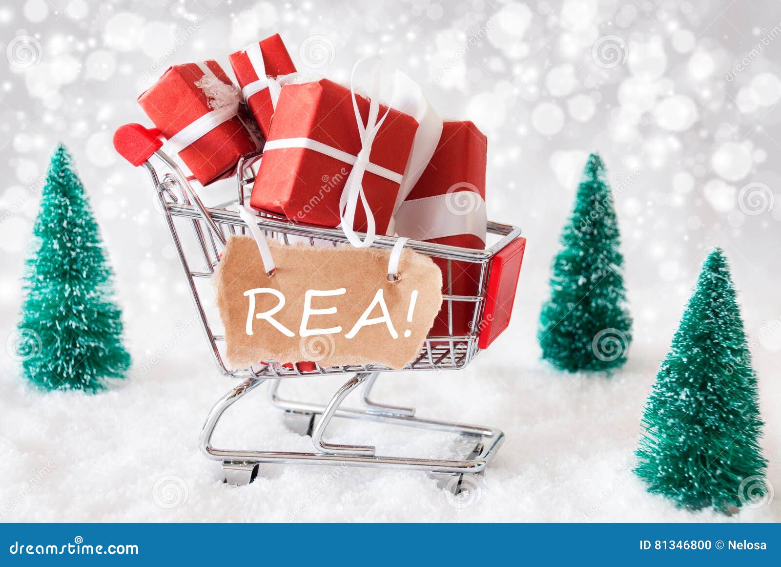trolly with christmas gifts and snow, text rea