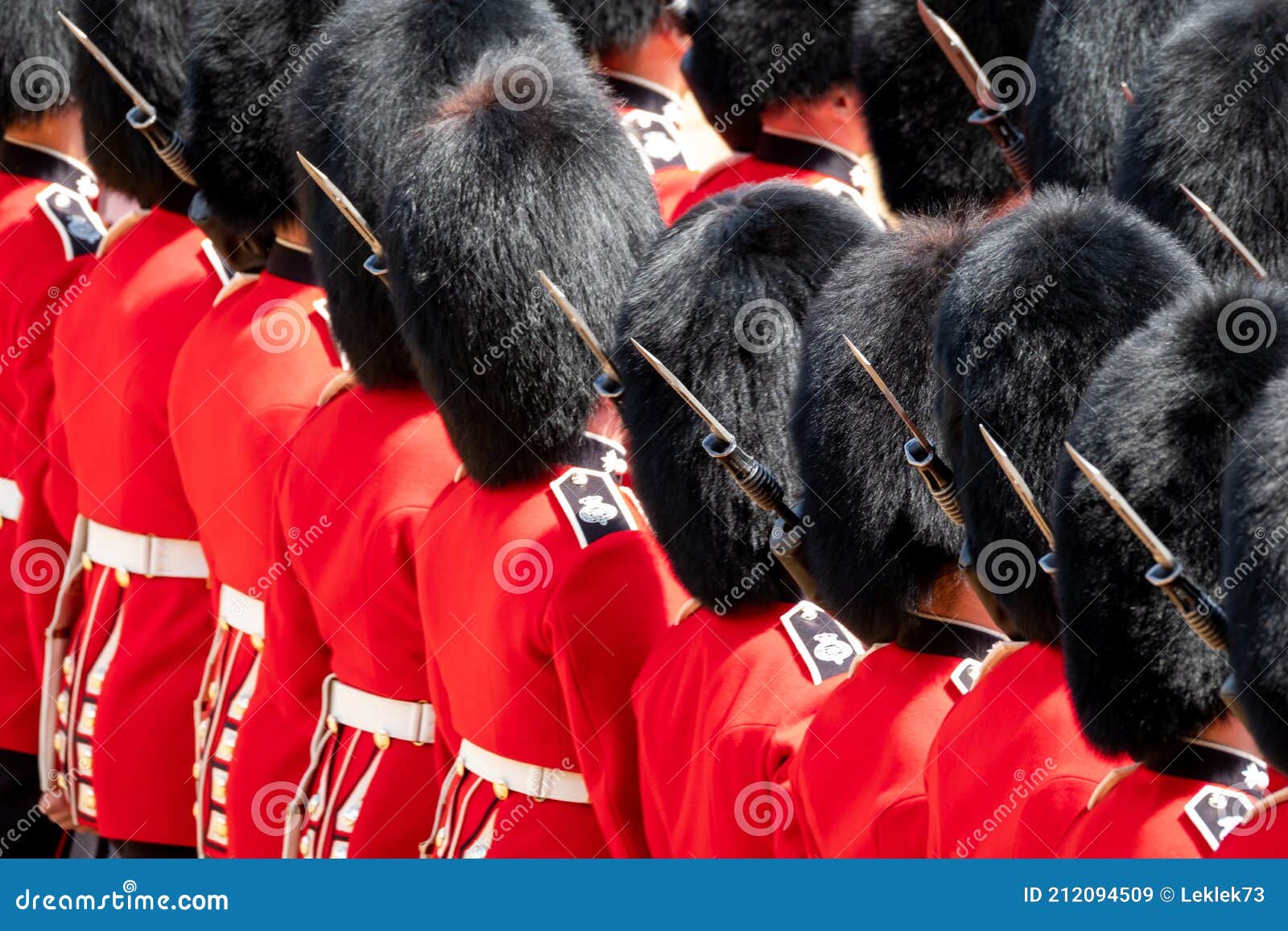 trooping the colour, annual military ceremony in london in the presence of the queen. guards wear bearskin hats.