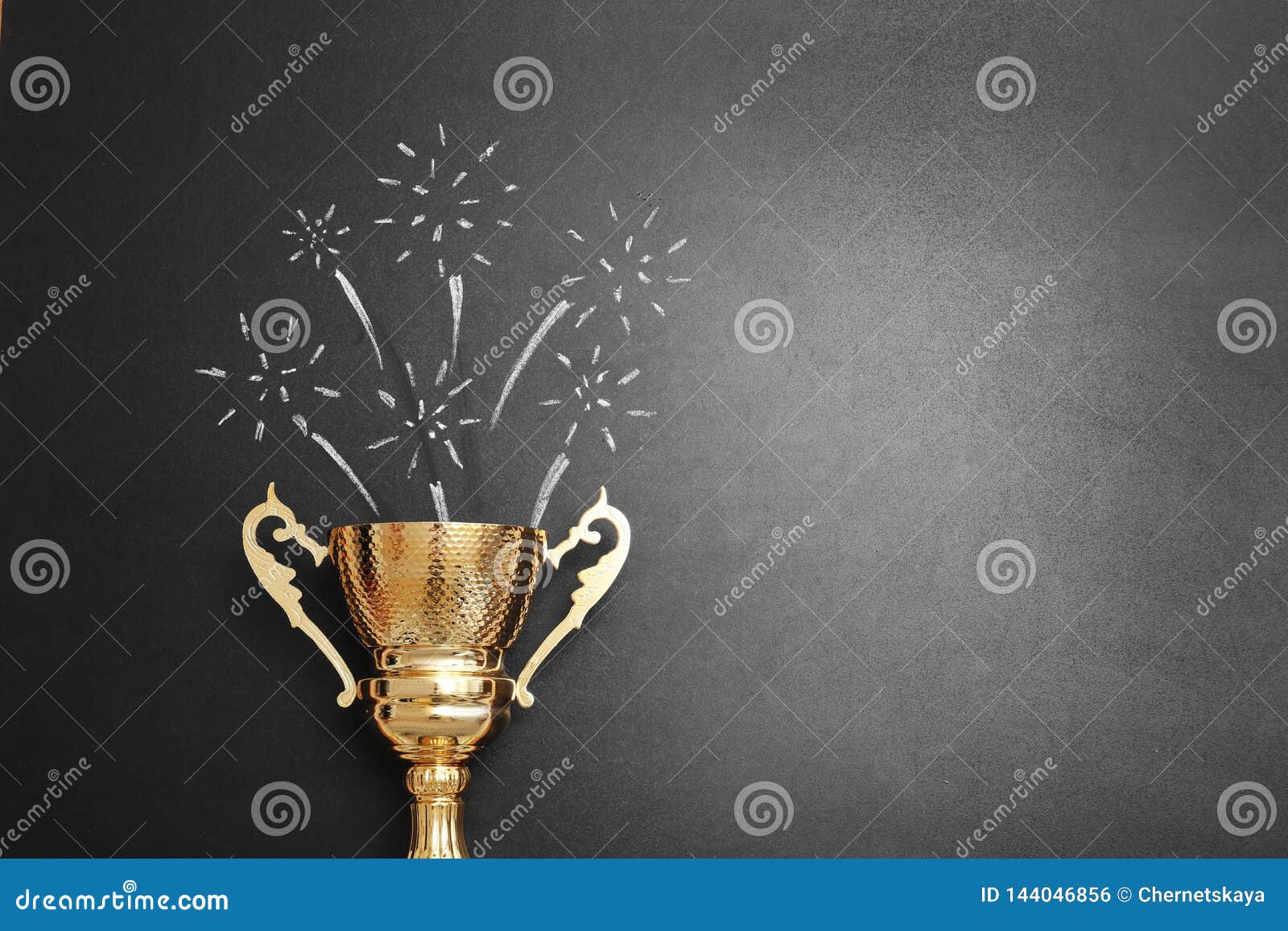 Trophy and Chalk Drawn Salute on Black Background. Victory Concept