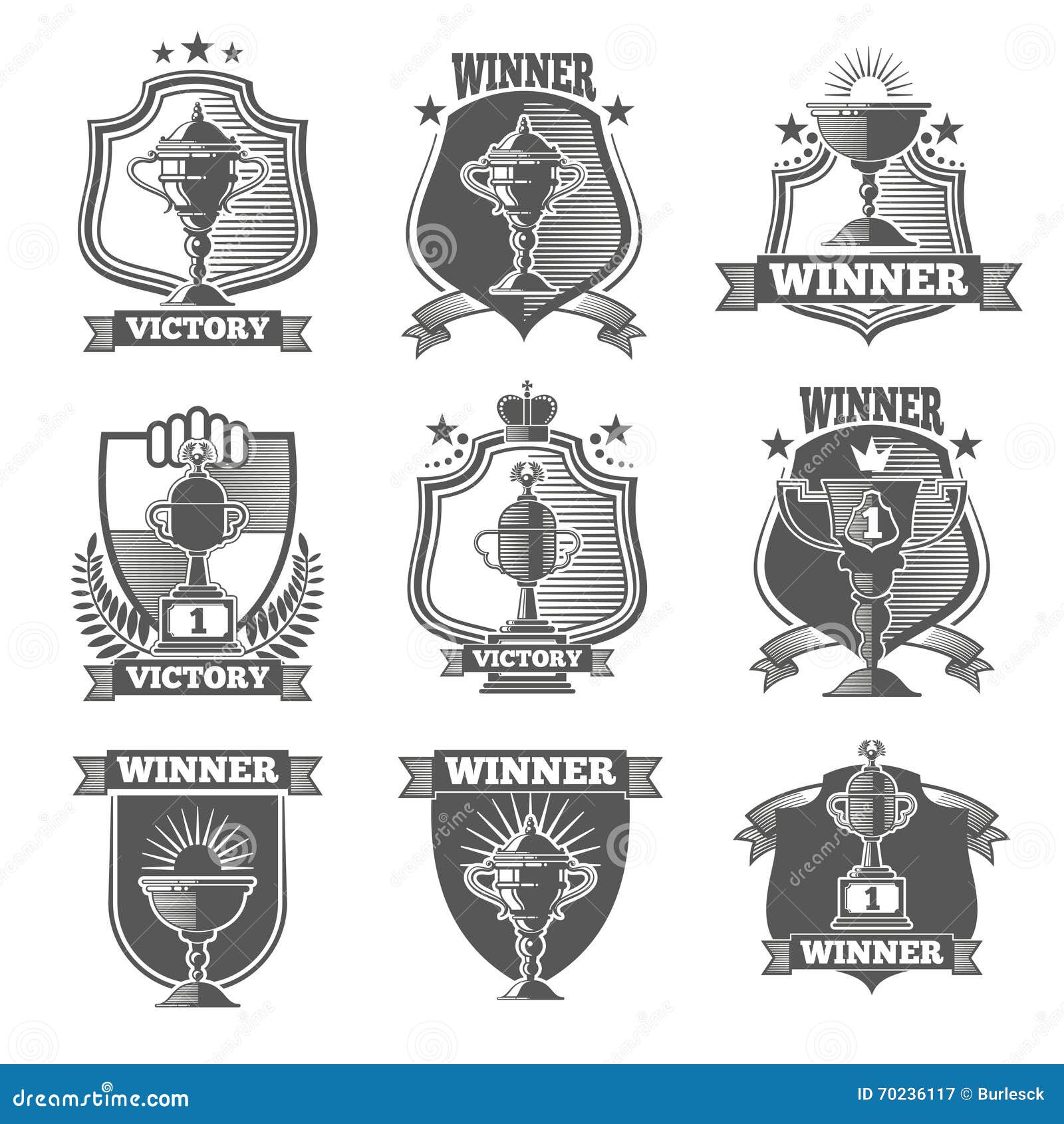Trophy Cup Champions Labels, Logos, Emblems Vector Set Stock Vector
