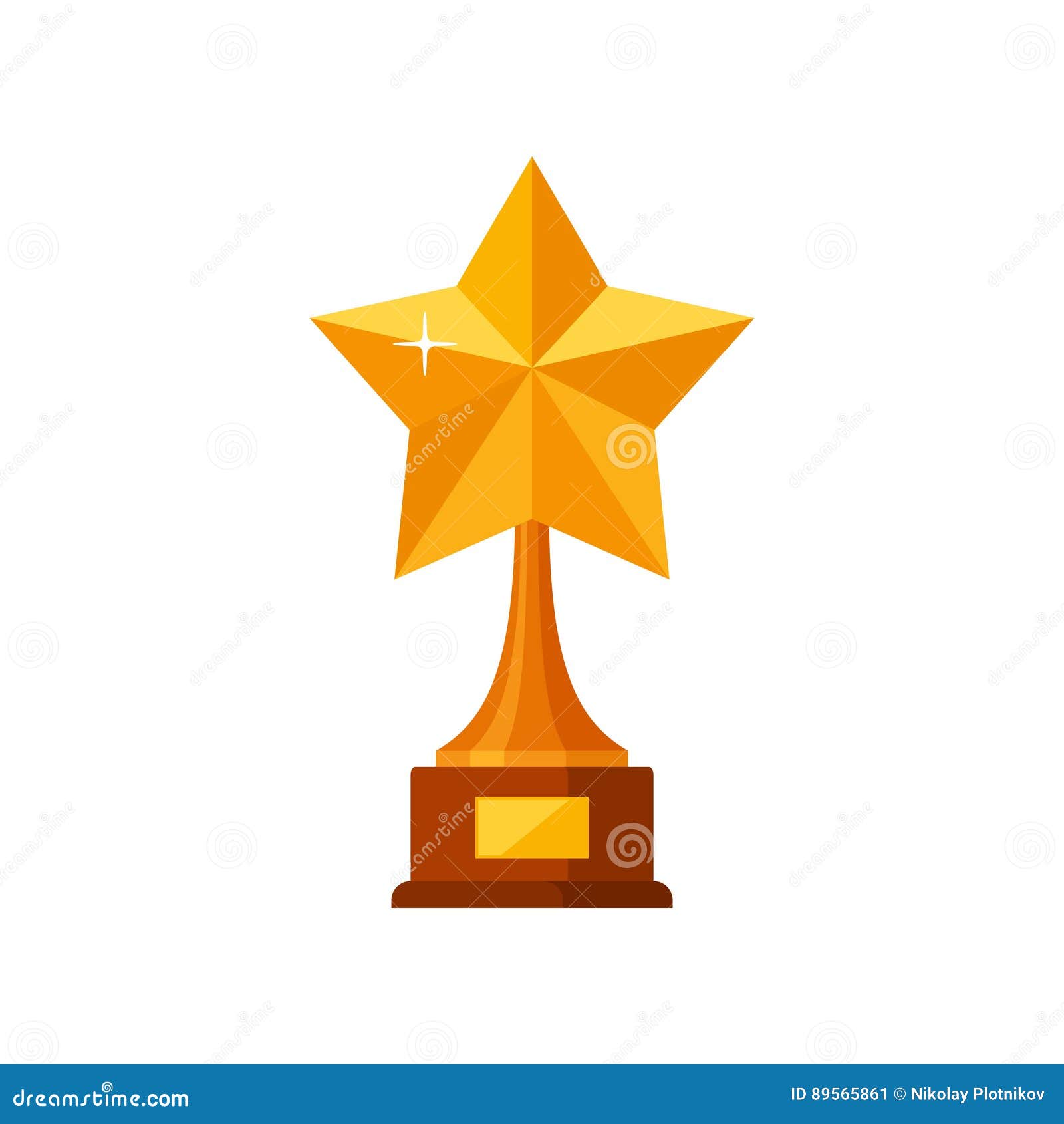 Trophy Winner Gold Star With Wooden Base Isolated On White Background