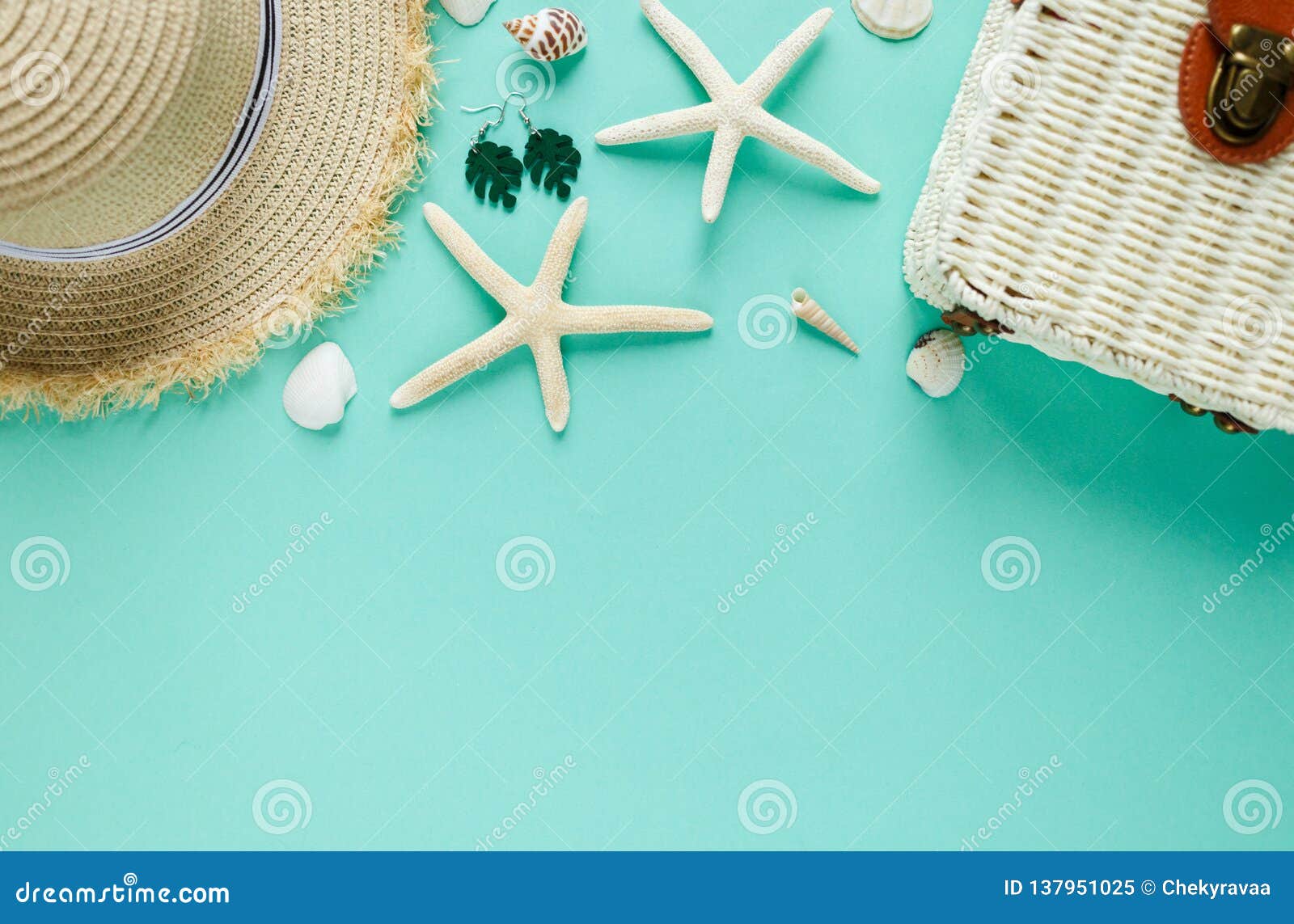 Tropic Flat Lay with Straw Hat, Bag, Starfish, Shells, Earrings on ...