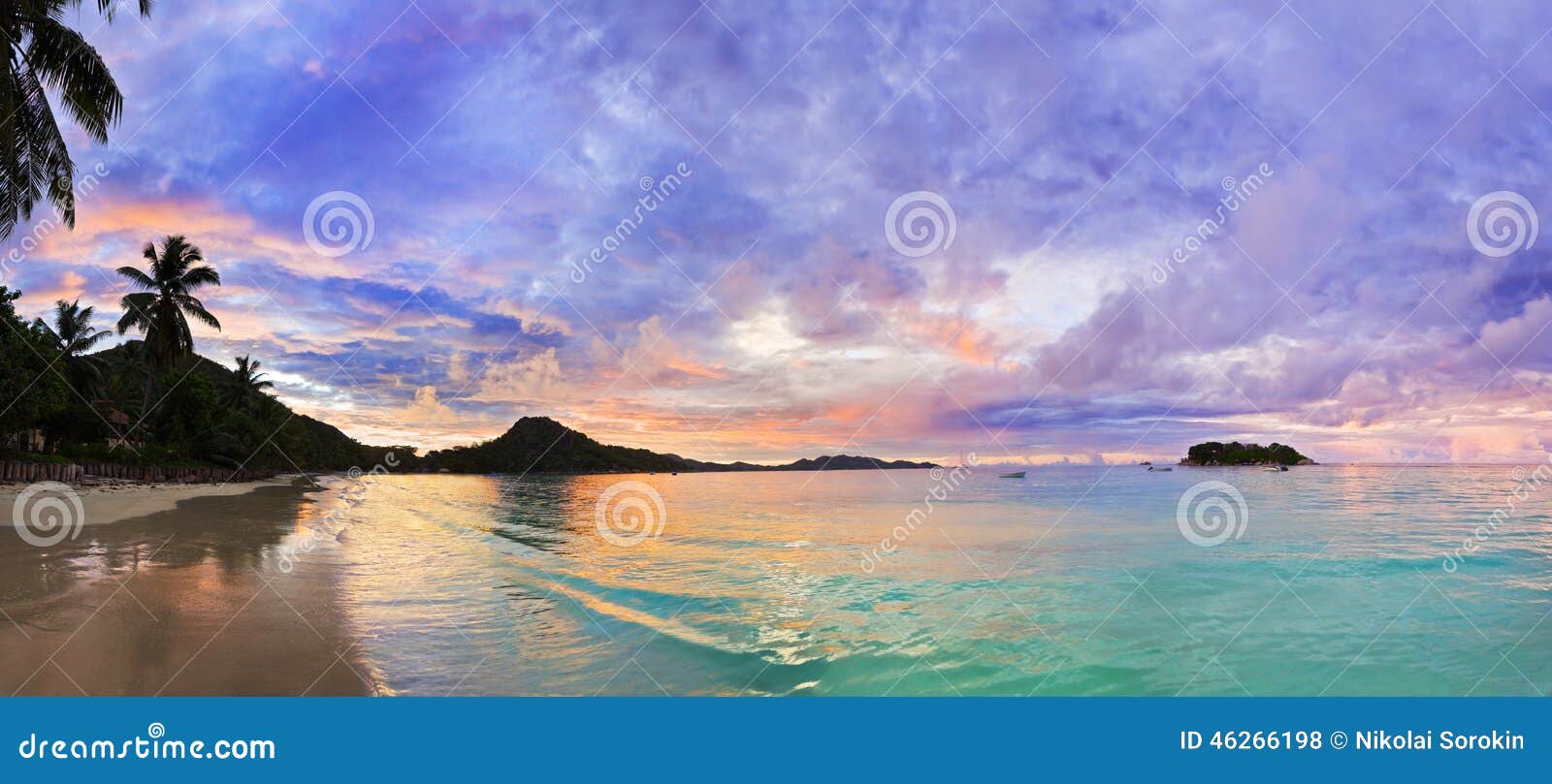 tropical beach cote d'or at sunset, seychelles