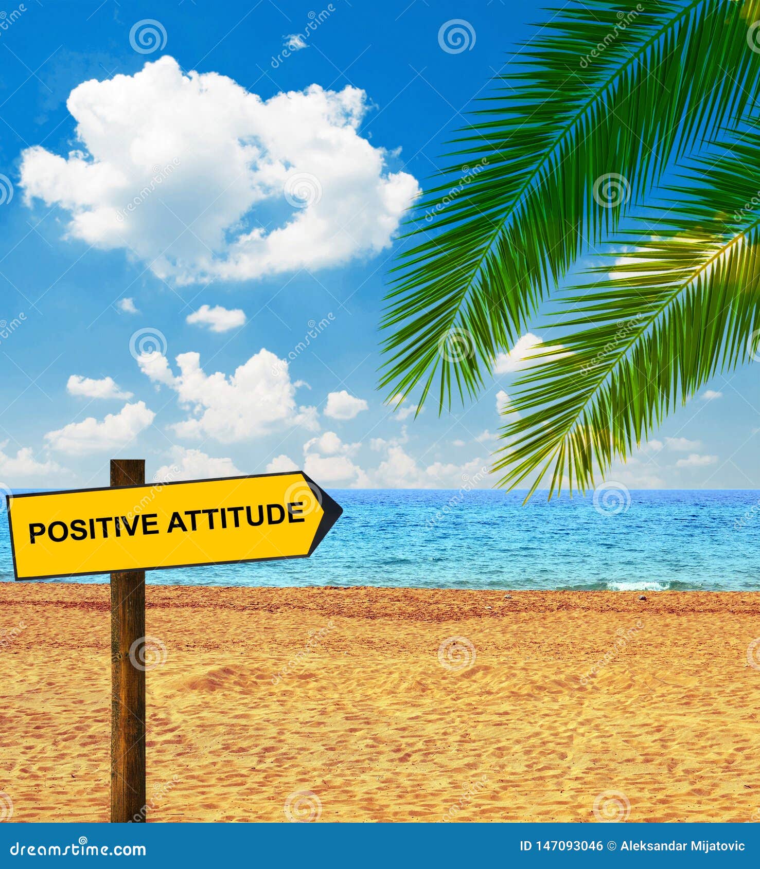 tropical beach and direction board saying positive attitude